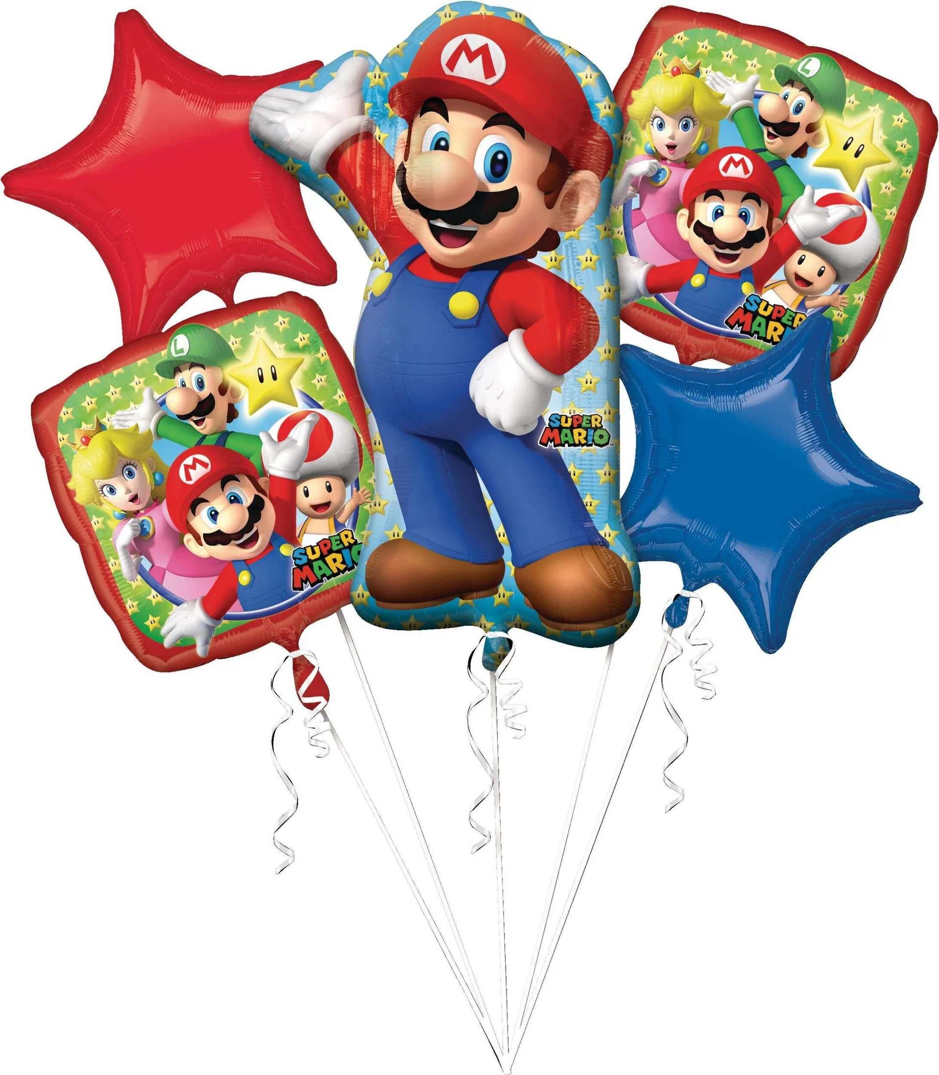 Nintendo Super Mario Bros Star/Square Satin Foil Balloon Bouquet, Blue/Red, 5-pk, Helium Inflation & Ribbon Included for Birthday Party