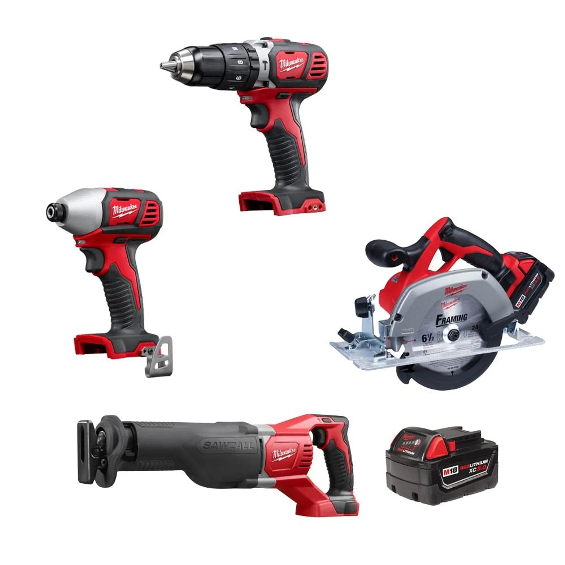 M18 18V Li-Ion Hammer Drill, Impact Driver, SAWZALL, Circ Saw Kit (4-Tool) w/ (2) 3.0Ah Batteries