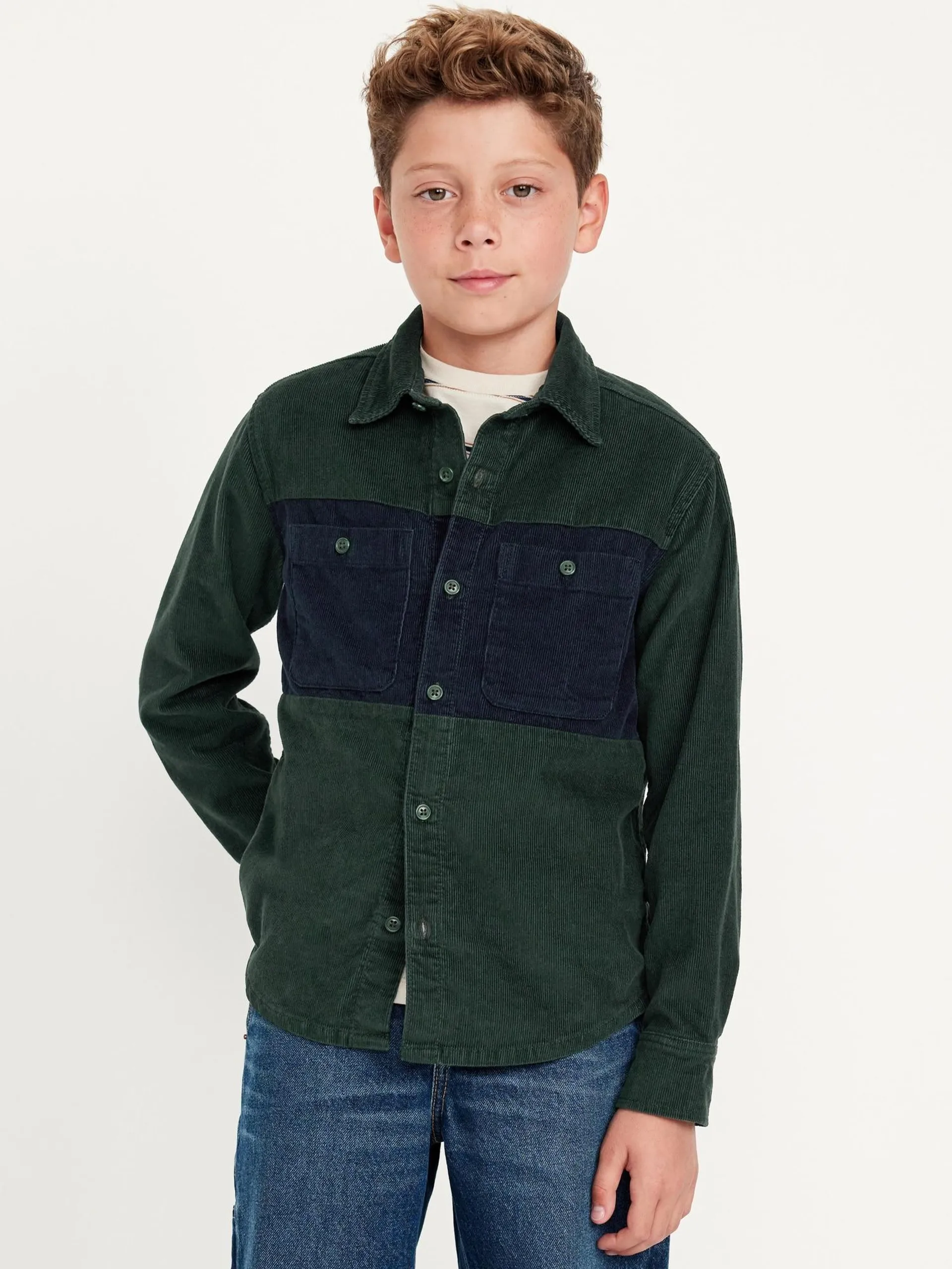 Long-Sleeve Color Block Corduroy Shirt for Boys