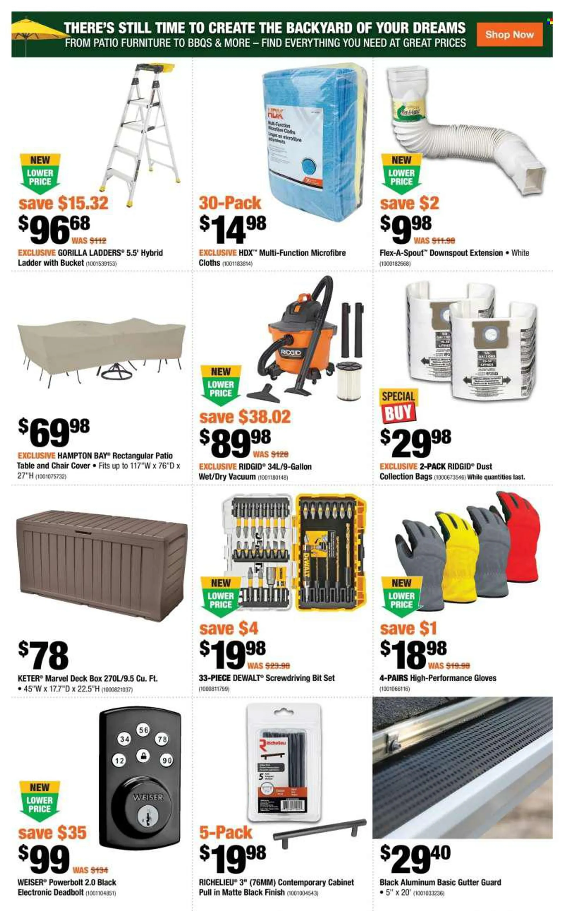 The Home Depot Flyer - August 11, 2022 - August 17, 2022 - Sales products - gallon, gloves, vacuum cleaner, cabinet, table, chair, Patio, patio furniture, ladder, electronic deadbolt, DeWALT, Ridgid, work gloves. Page 4.