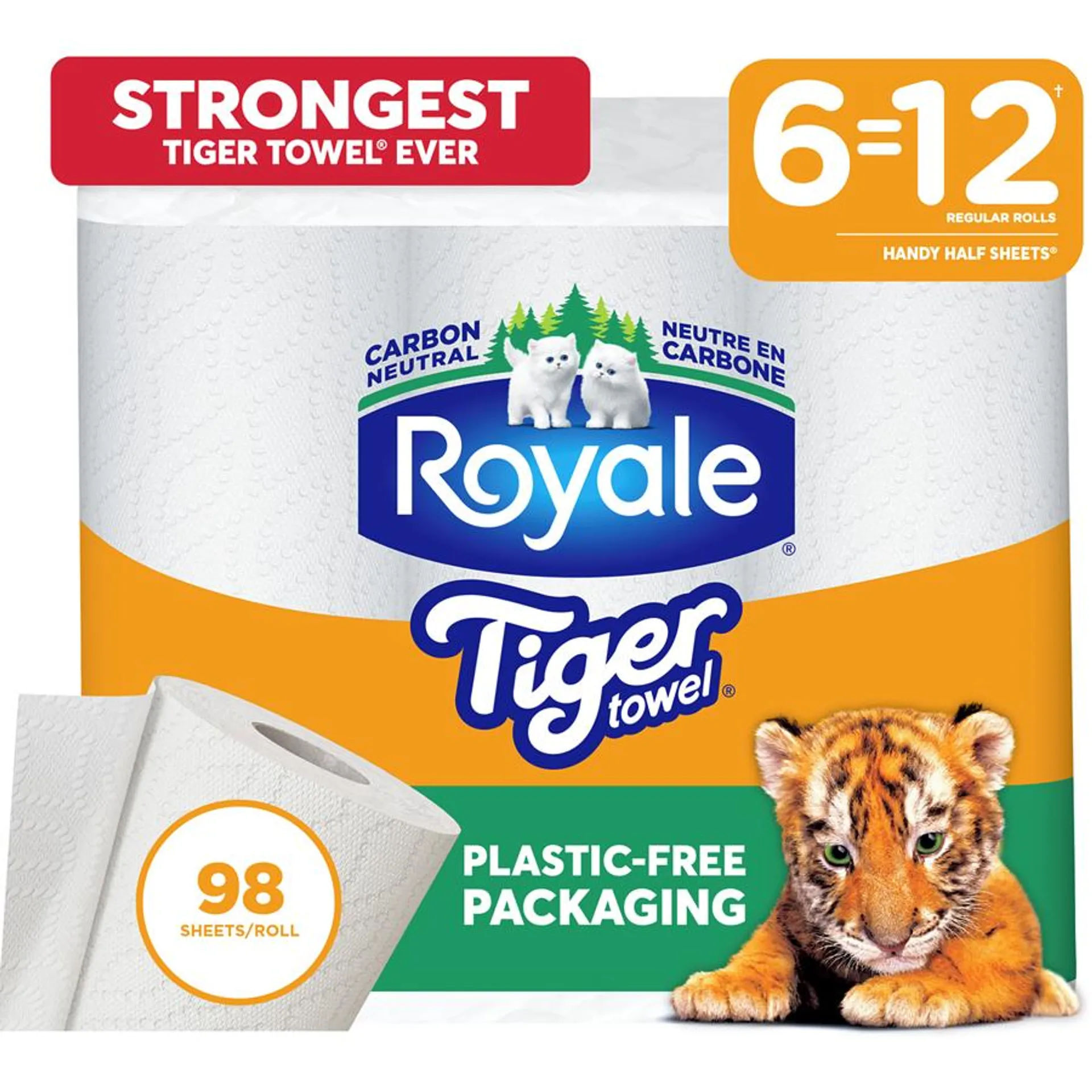 Tiger Towel Recyclable Paper Packaging, 6 Equal 12 Paper Towel Rolls, 98 Sheets per Roll