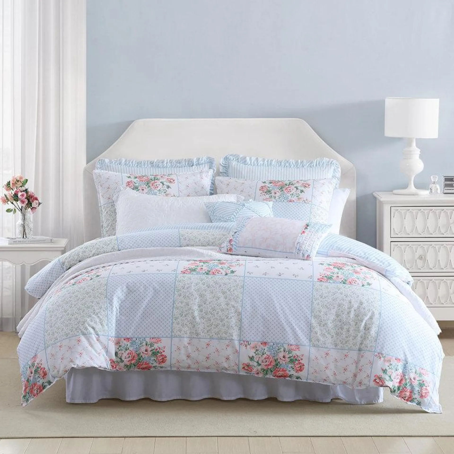 Laura Ashley Hope Patchwork Blue Cotton Reversible Comforter Set