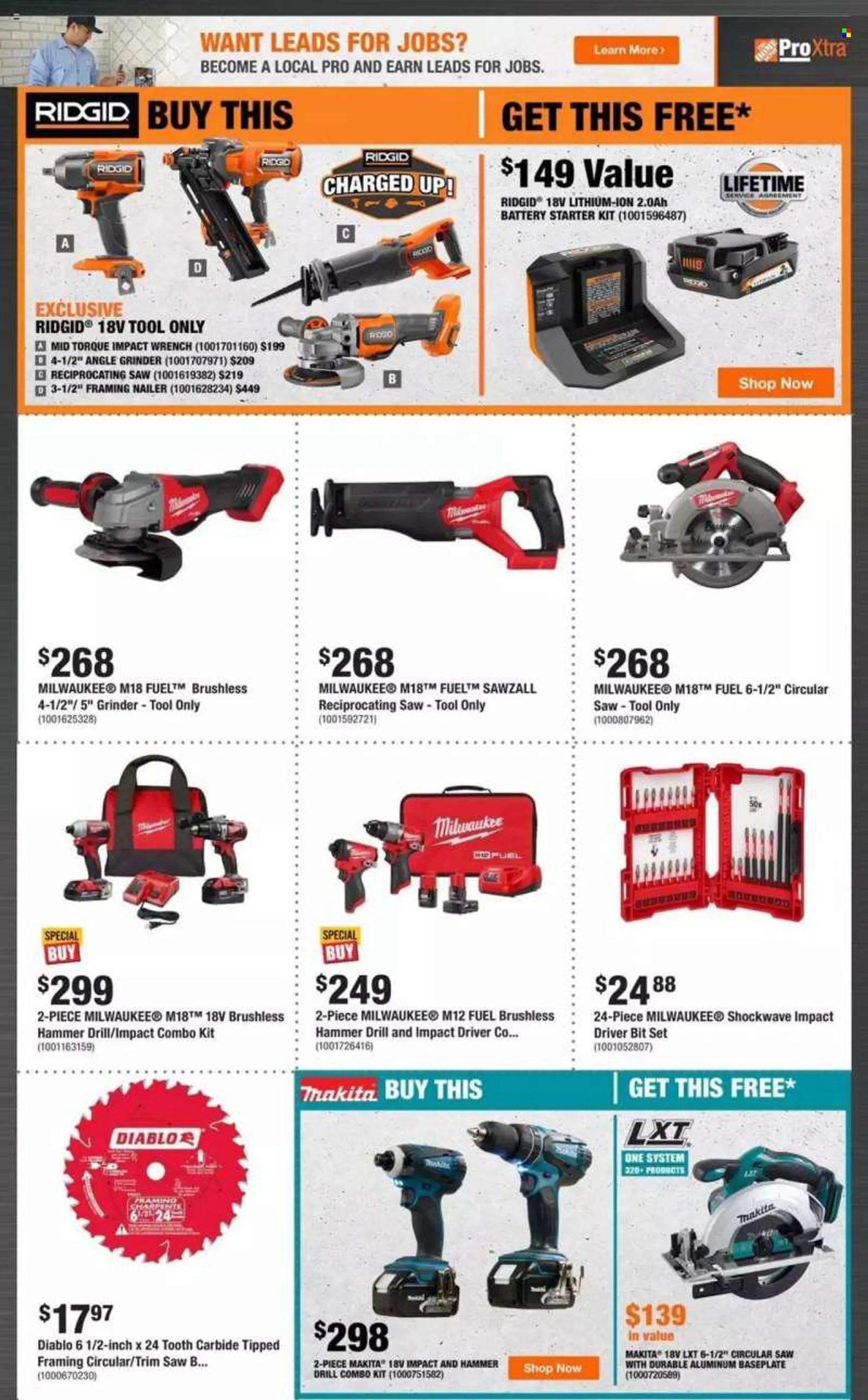 The Home Depot Flyer - August 04, 2022 - August 17, 2022 - Sales products - battery, Milwaukee, drill, impact driver, Ridgid, Makita, grinder, circular saw, saw, angle grinder, reciprocating saw, combo kit, nailer. Page 3.