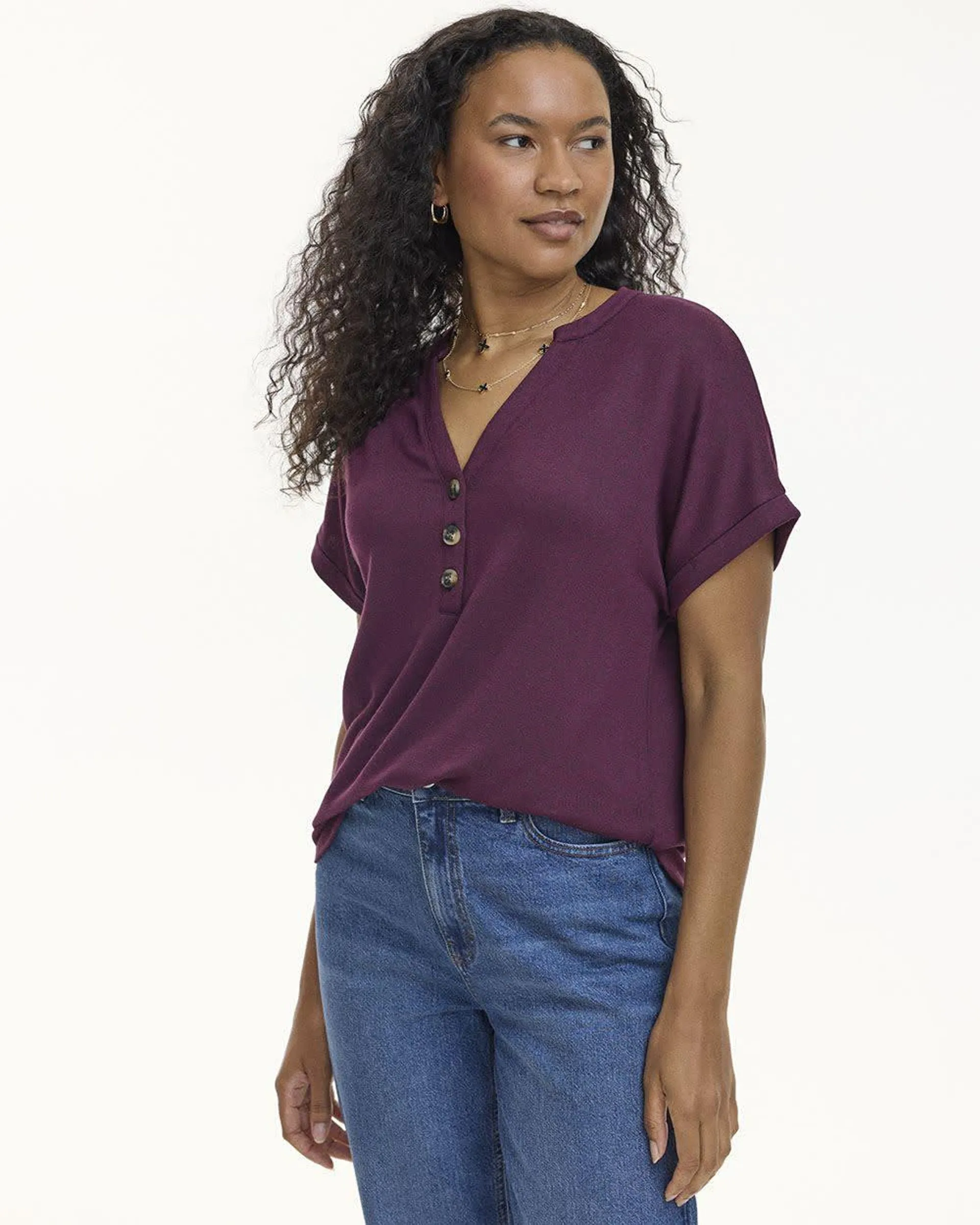 Extended-Sleeve Tee with Split Neckline