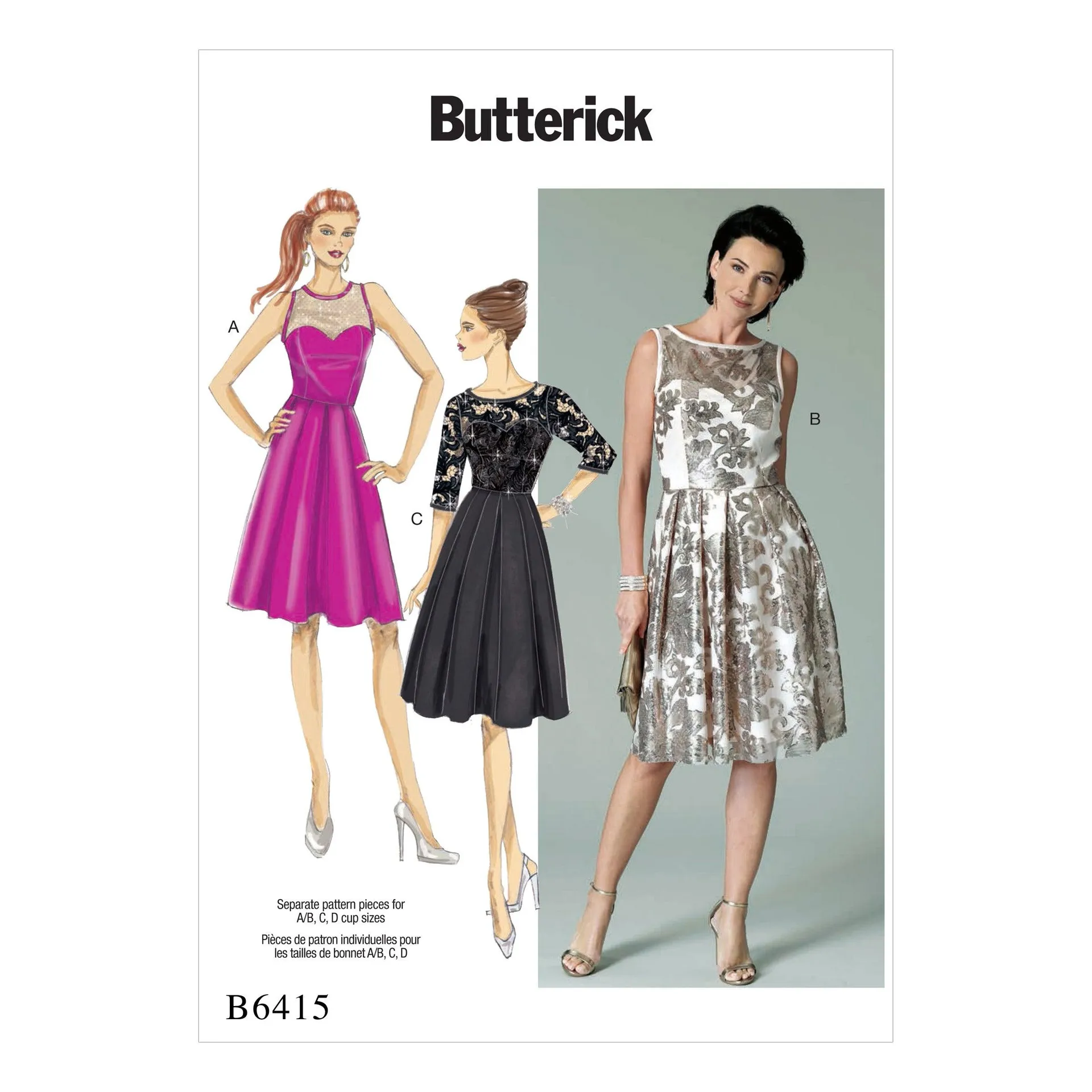 B6415 Misses' Sweetheart-Neckline, Pleated-Skirt Dresses (Size: 6-8-10-12-14)