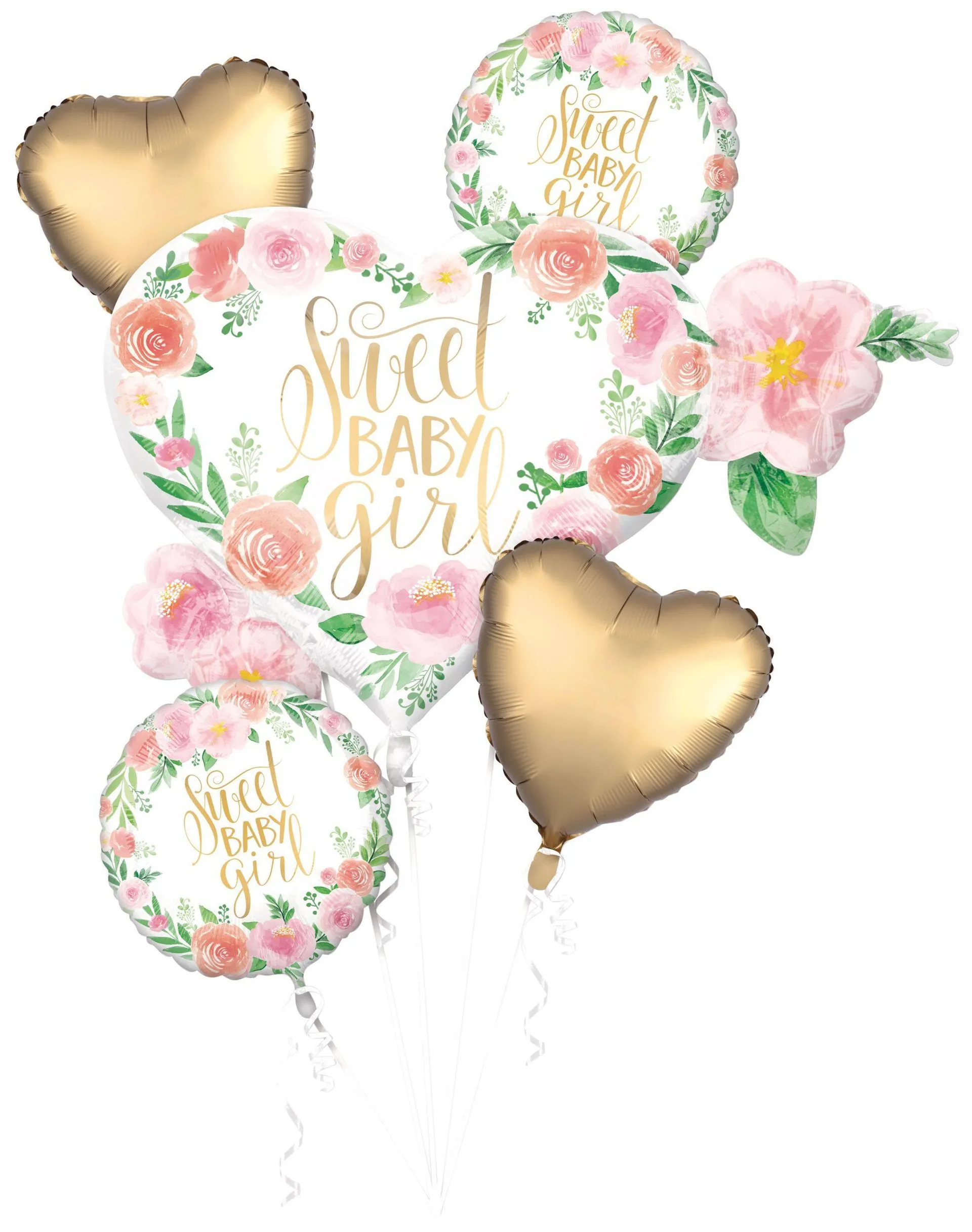 Floral Baby "Sweet Baby Girl" Heart Satin Foil Balloon Bouquet, Pink/White/Gold, Floral, 5-pk, Helium Inflation & Ribbon Included for Baby Shower