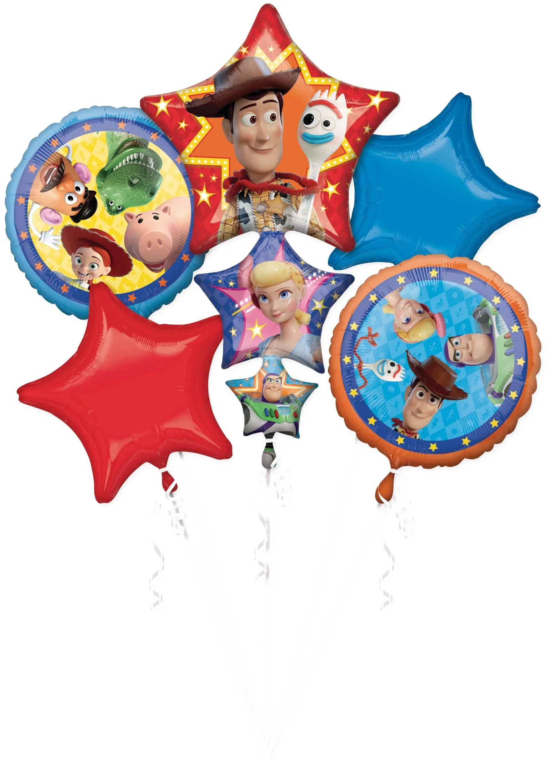 Disney Pixar Toy Story Woody/Forky/BuzzStar/Round Satin Foil Balloon Bouquet, Red/Blue, 5-pk, Helium Inflation & Ribbon Included for Birthday Party