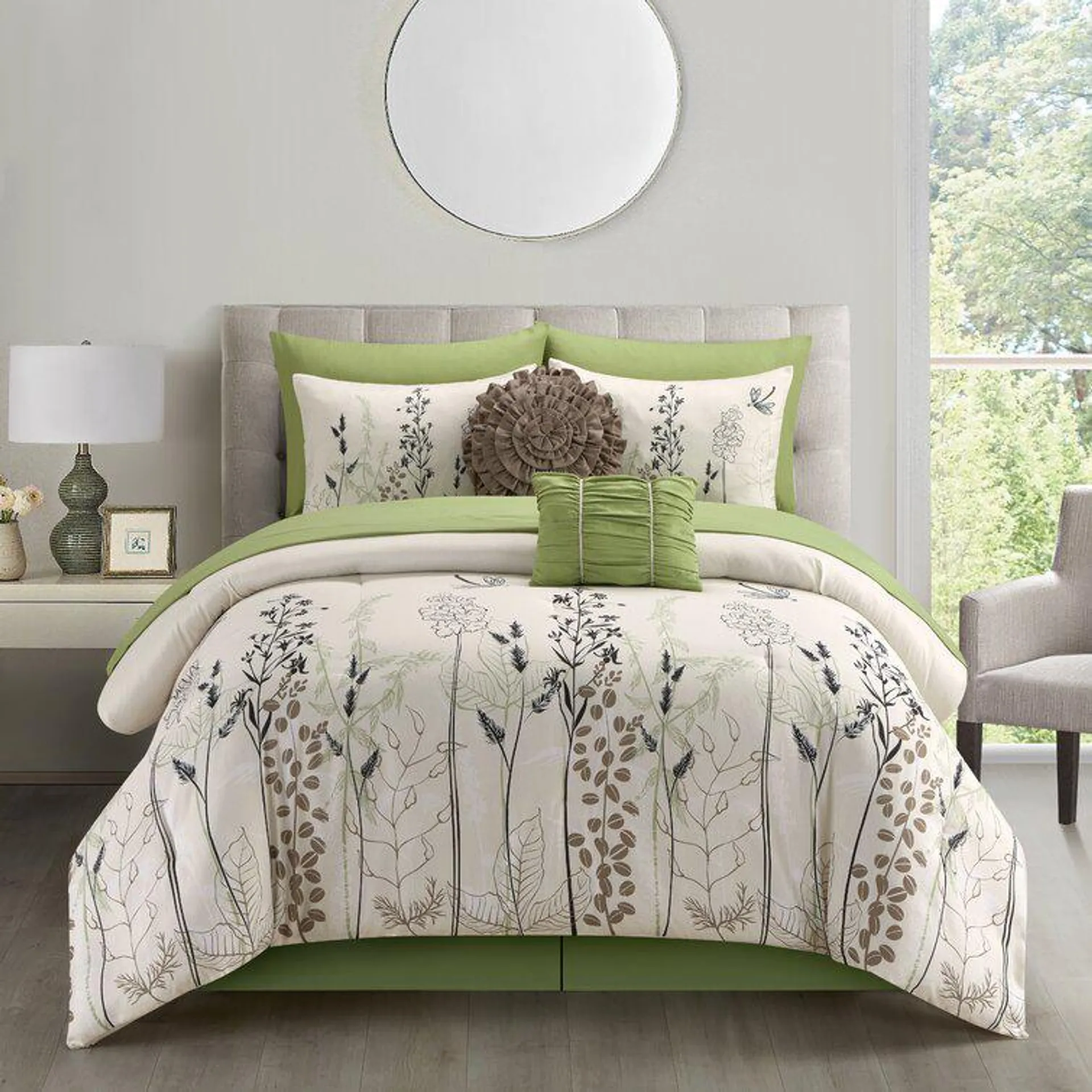 Fortner Green/White Microfiber 10 Piece Comforter Set