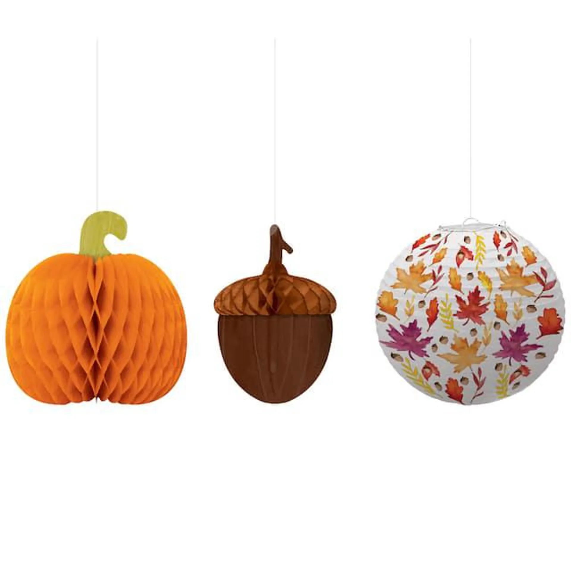 Paper Pumpkin/Acorn/Maple Leaves Hanging Honeycombs, Multi-Coloured, 14 3/4 in, 3-pk, Indoor Decoration for Fall