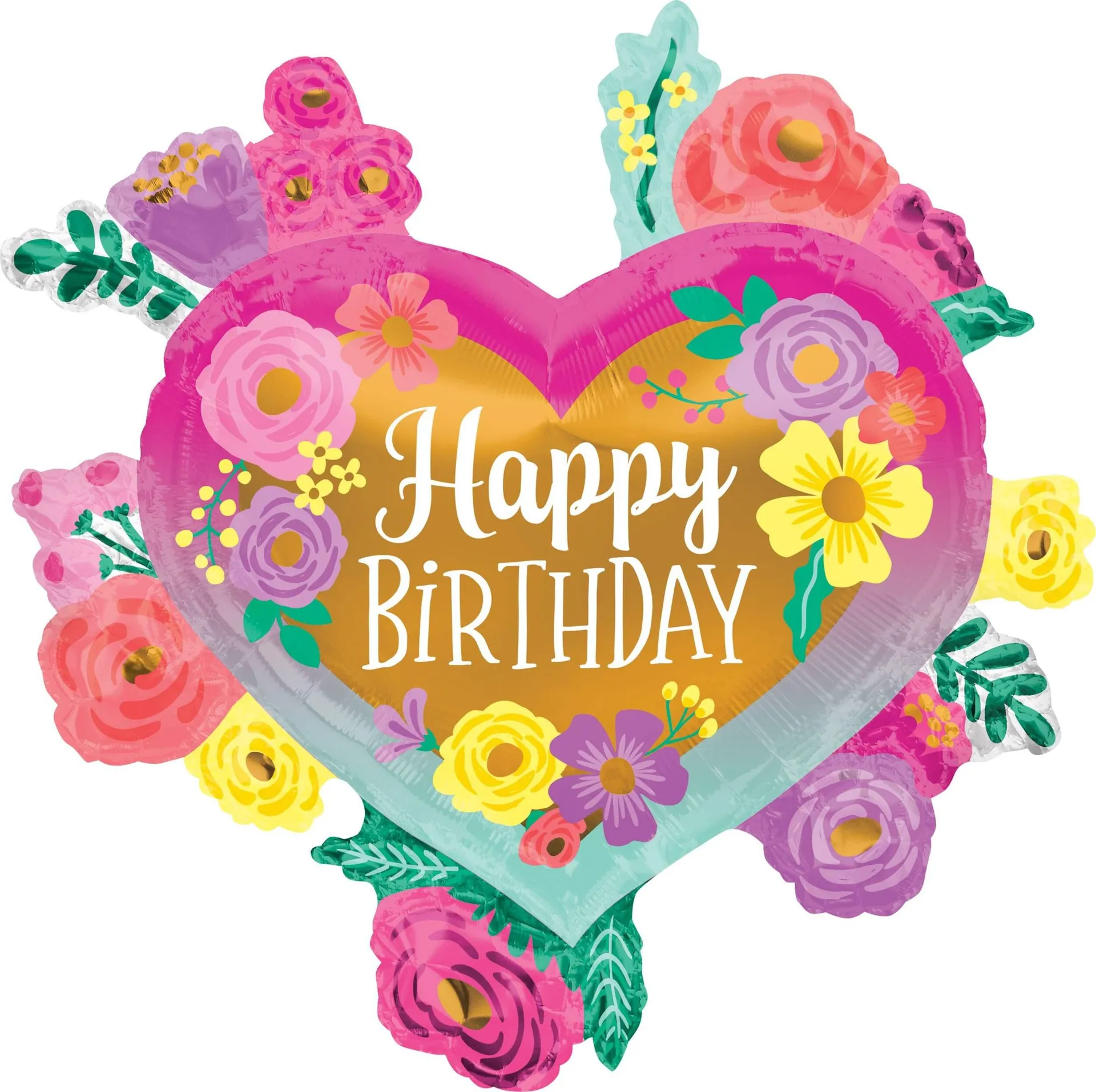 "Happy Birthday" Heart/Flowers Satin Foil Balloon, Multi-Coloured, Floral, 28-in, Helium Inflation & Ribbon Included for Birthday Party