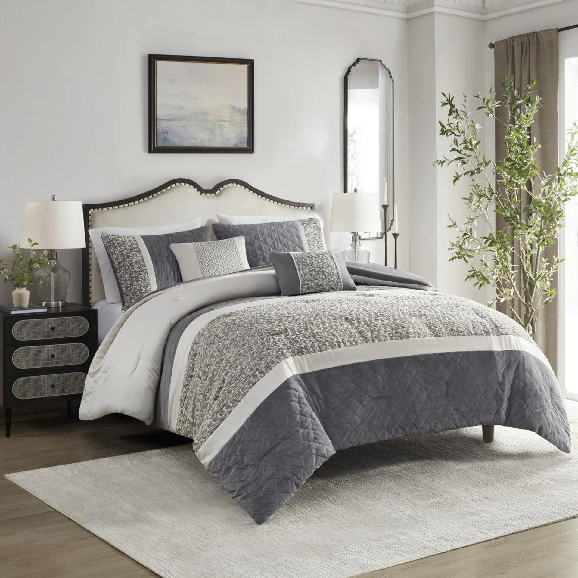 Amelia 5 Piece Textured Jacquard Stripe Comforter Set With Throw Pillows