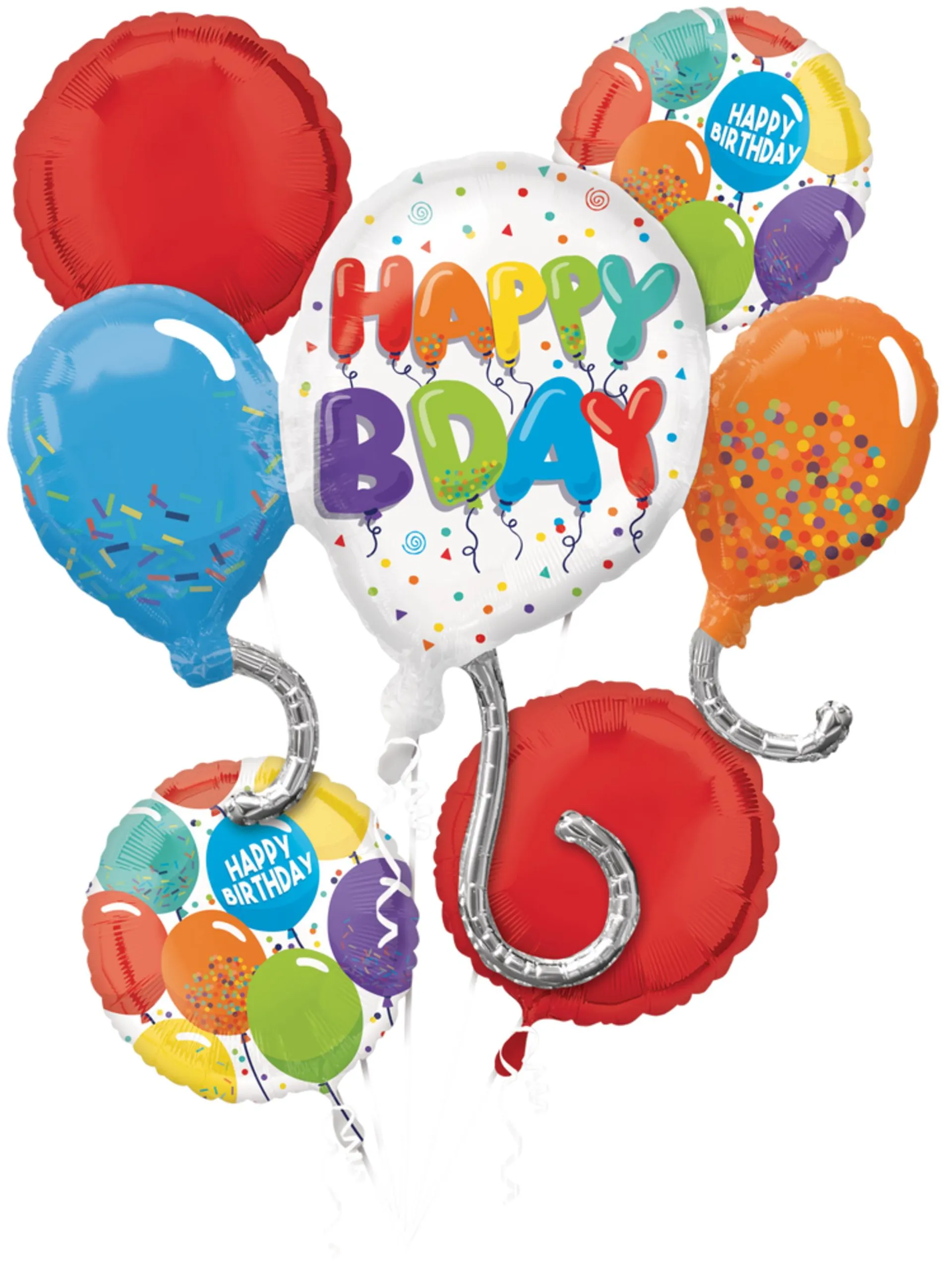 "Happy Birthday" Round Satin Foil Balloon Bouquet, Multi-Coloured, Confetti, 5-pk, Helium Inflation & Ribbon Included for Birthday Party