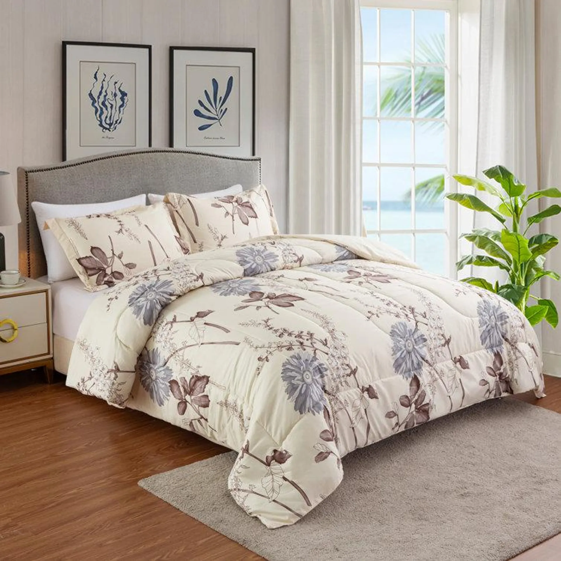 Printed Bedding 2 Piece Comforter Set, Blue Chrysanthemum Floral Twin/Single