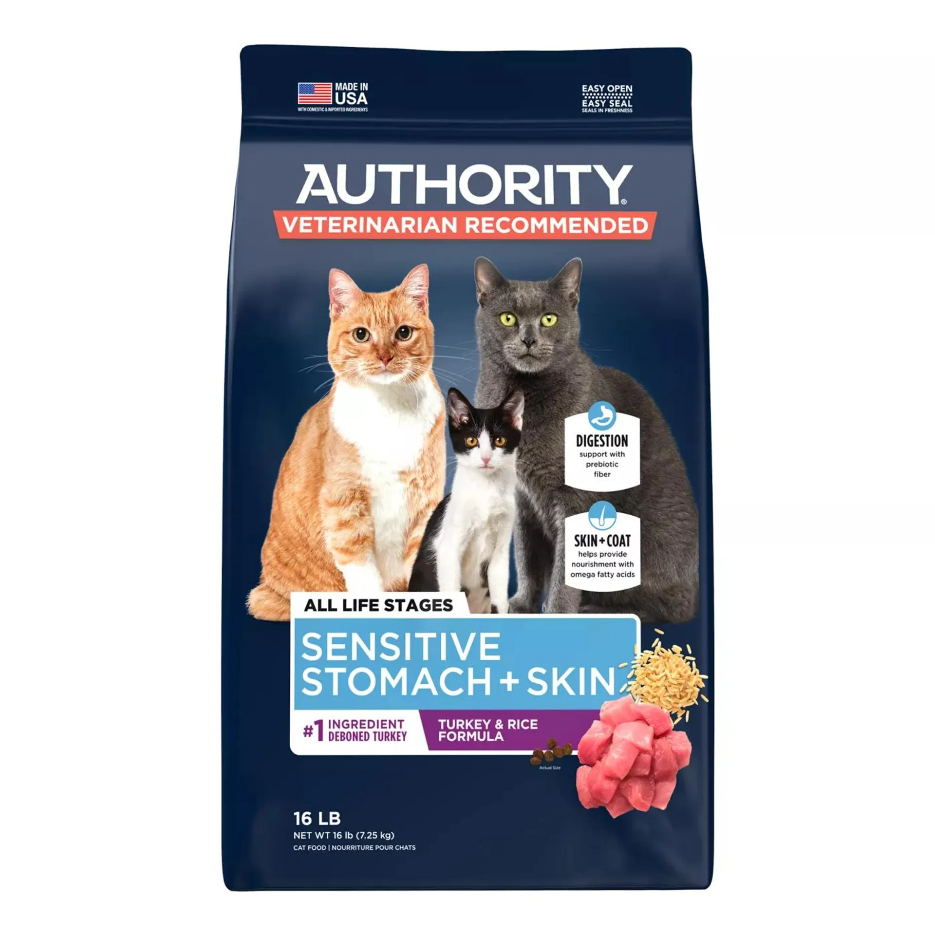 Authority® Sensitive Stomach & Skin Cat Dry Food - Turkey & Rice, With-Grain