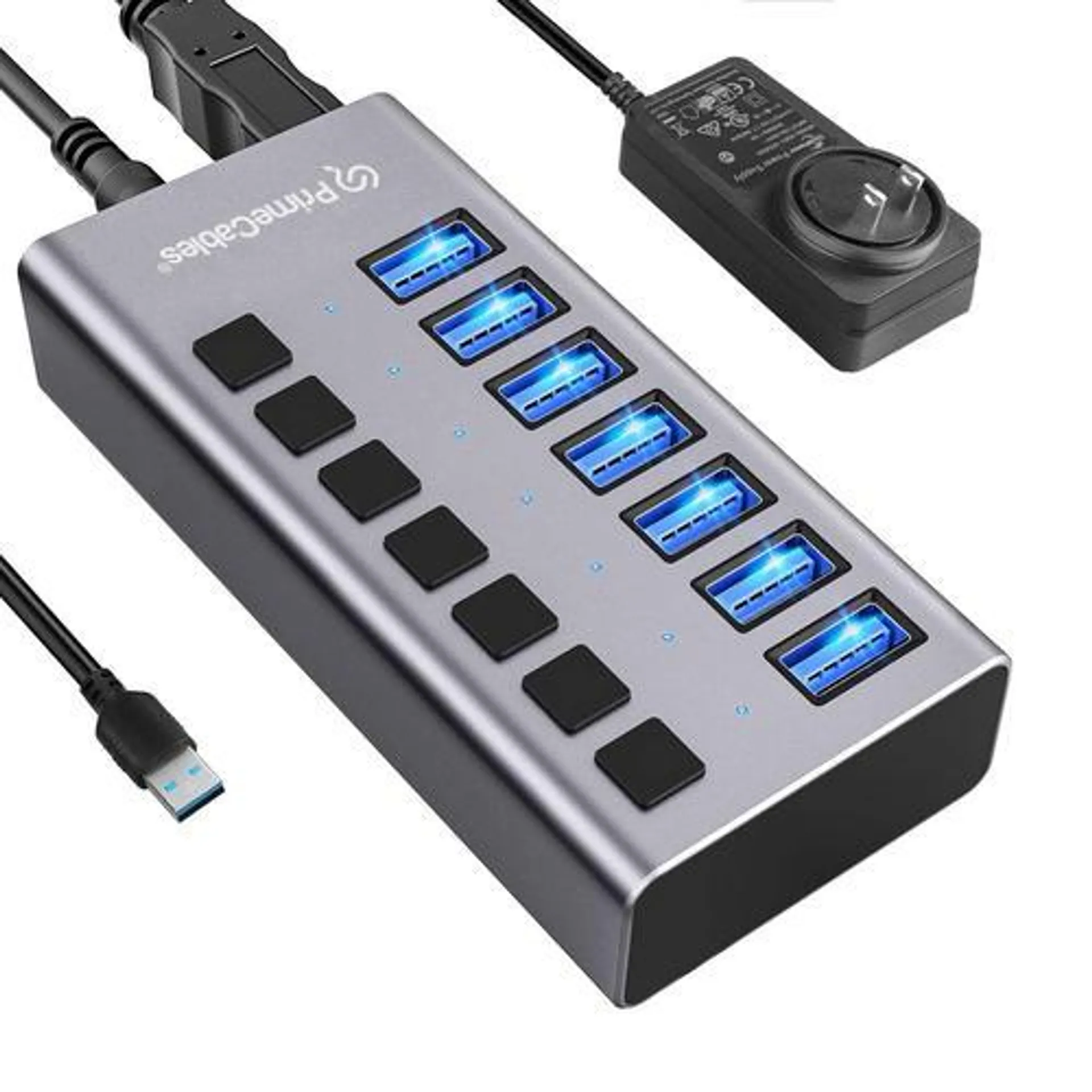 7 Ports 24W USB 3.0 USB Hub with Individual On/Off Switches & 12V/2A Power Adapter - PrimeCables®