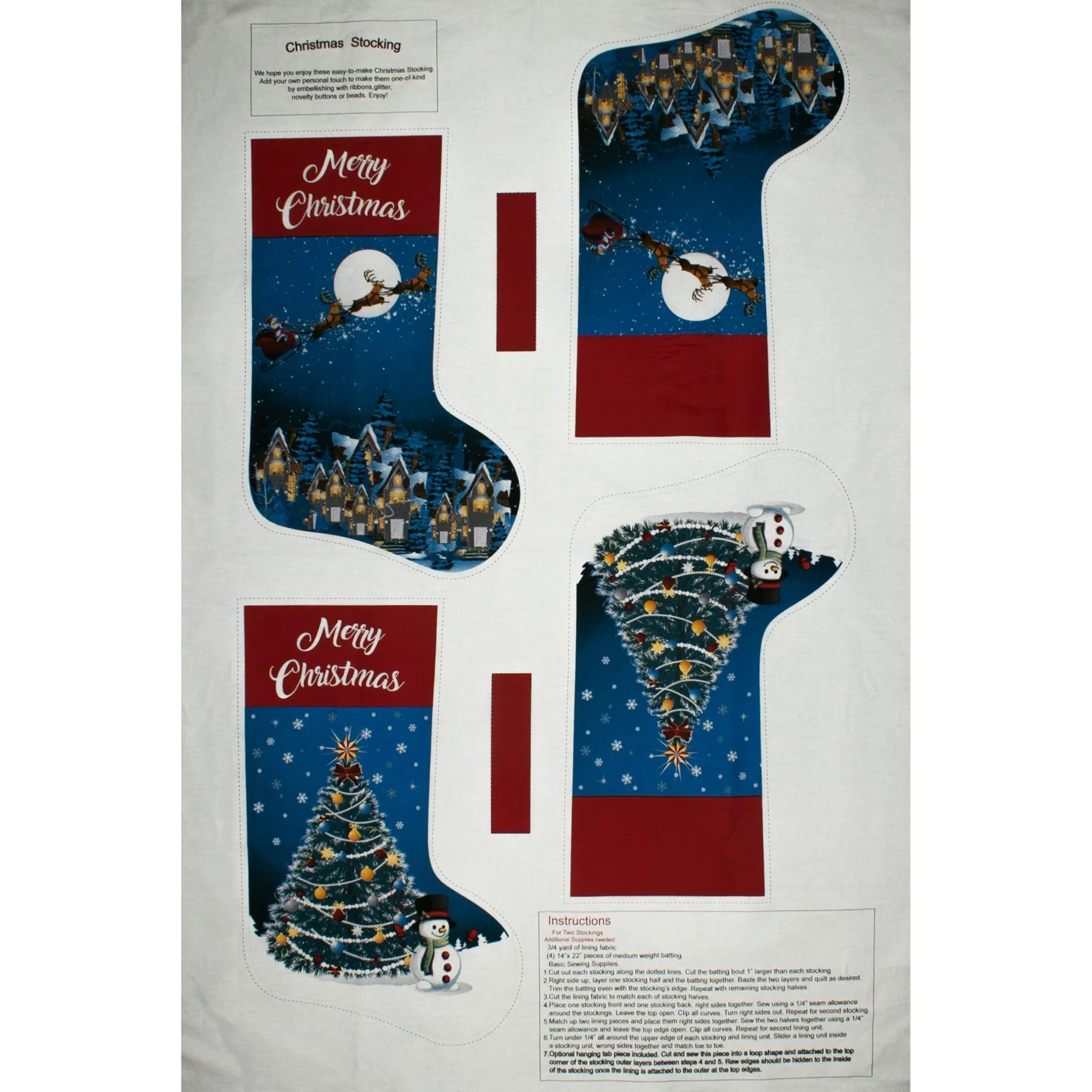 Christmas Stocking - Panel Reindeer 44" x 30" (115cm X 77cm) - Blue
