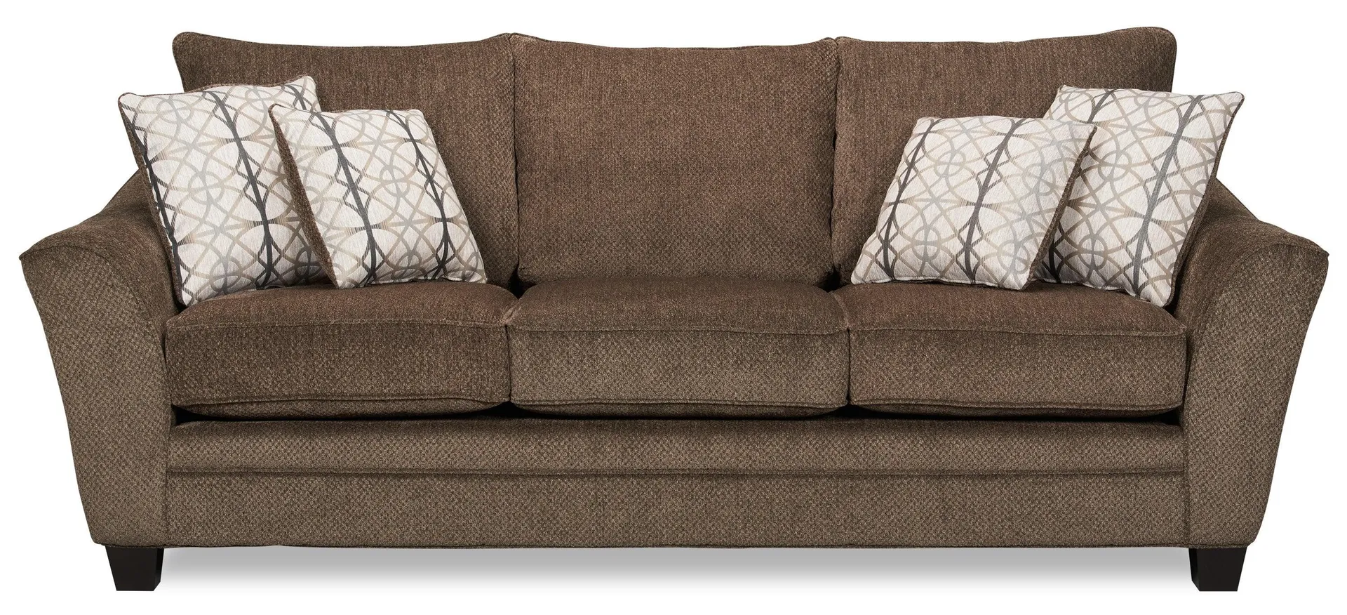 Canadian Made Febe 100" Brown Chenille Fabric Sofa with Flared Arms and Four Accent Pillows