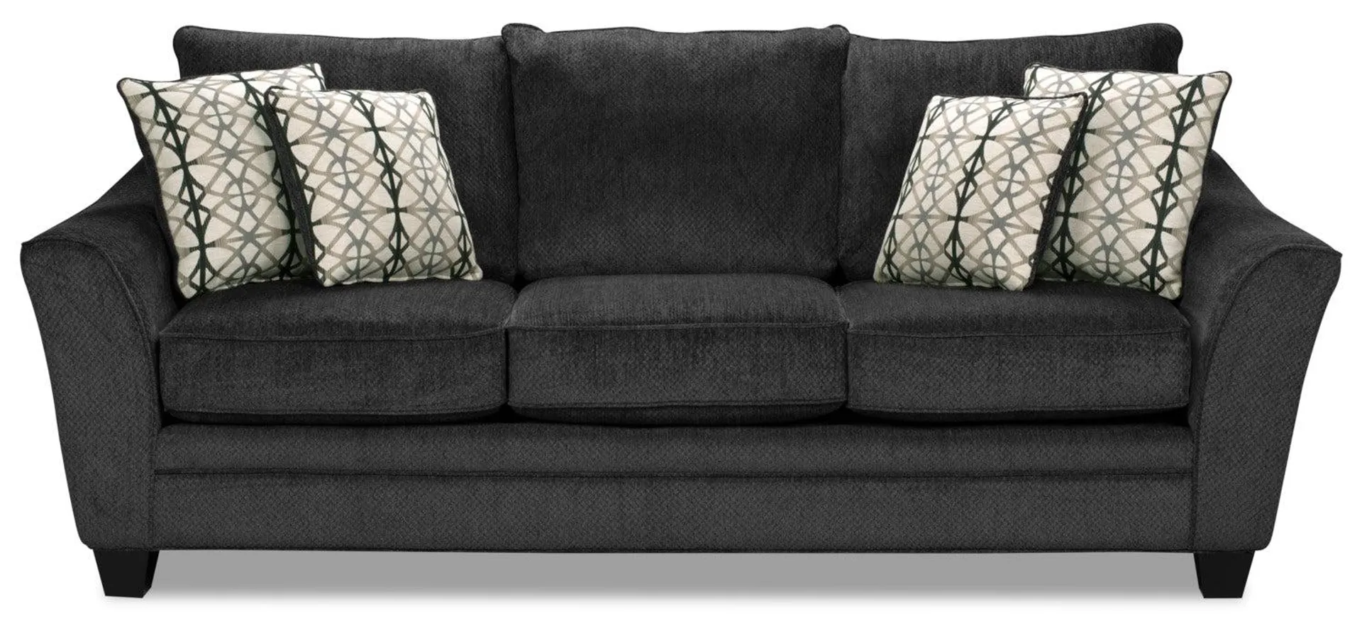 Canadian Made Febe 100" Charcoal Grey Chenille Fabric Sofa with Flared Arms and Four Accent Pillows