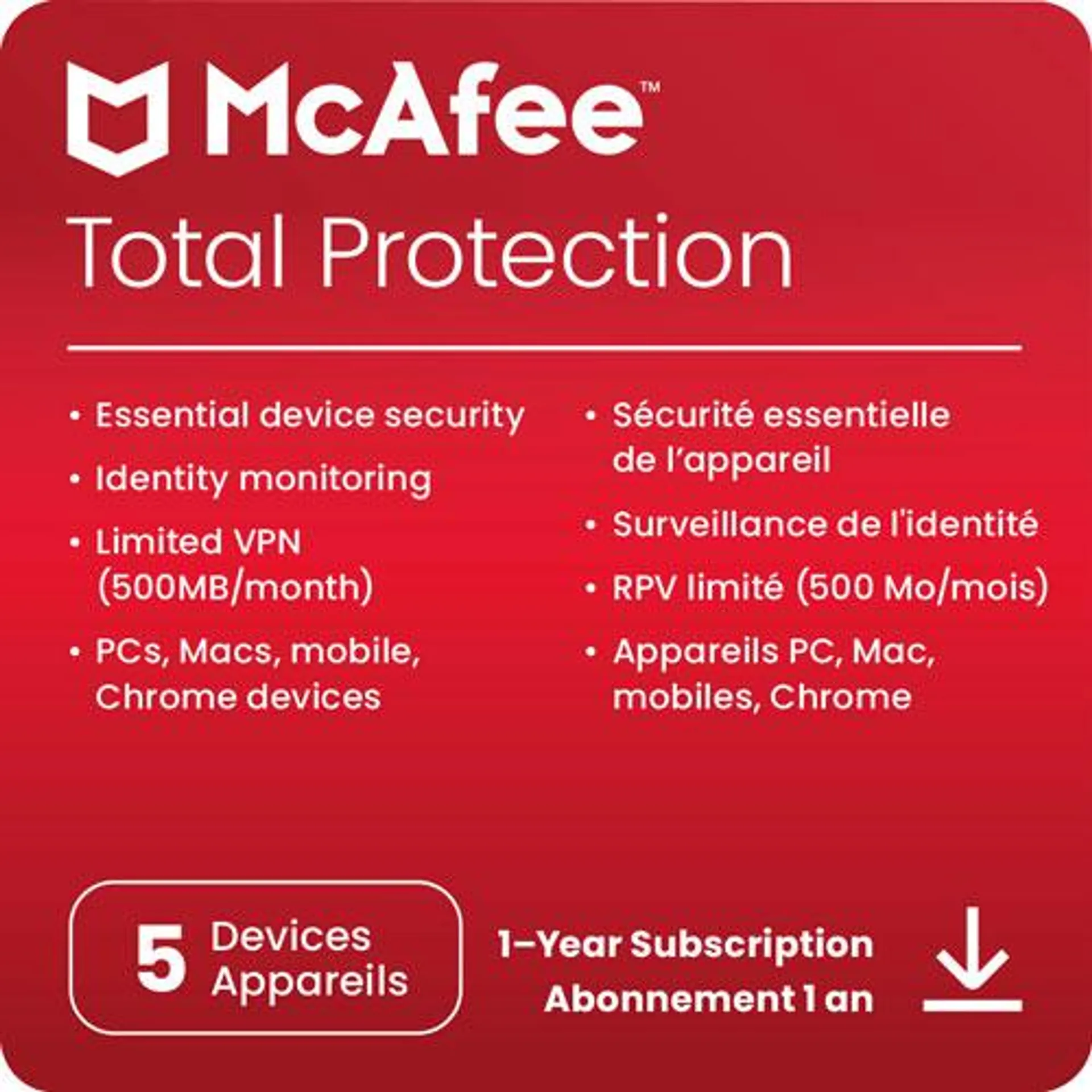 McAfee Total Protection (PC/Mac/Android/iOS) - 5 Devices - 1 Year - Digital Download