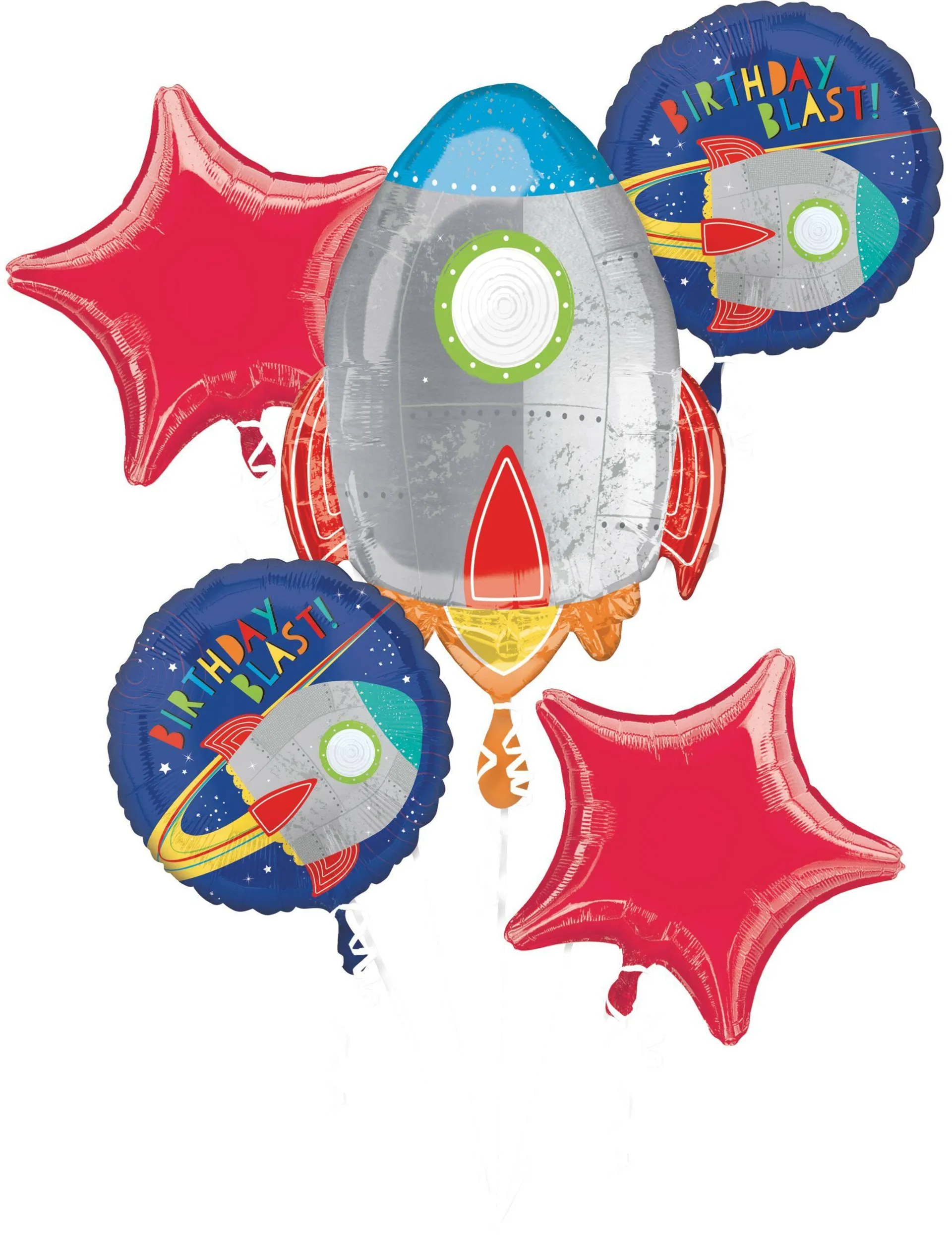 Blast Off "Birthday Blast" Rocket Ship/Star Satin Foil Balloon Bouquet, Silver/Blue/Red, 5-pk, Helium Inflation & Ribbon Included for Birthday Party