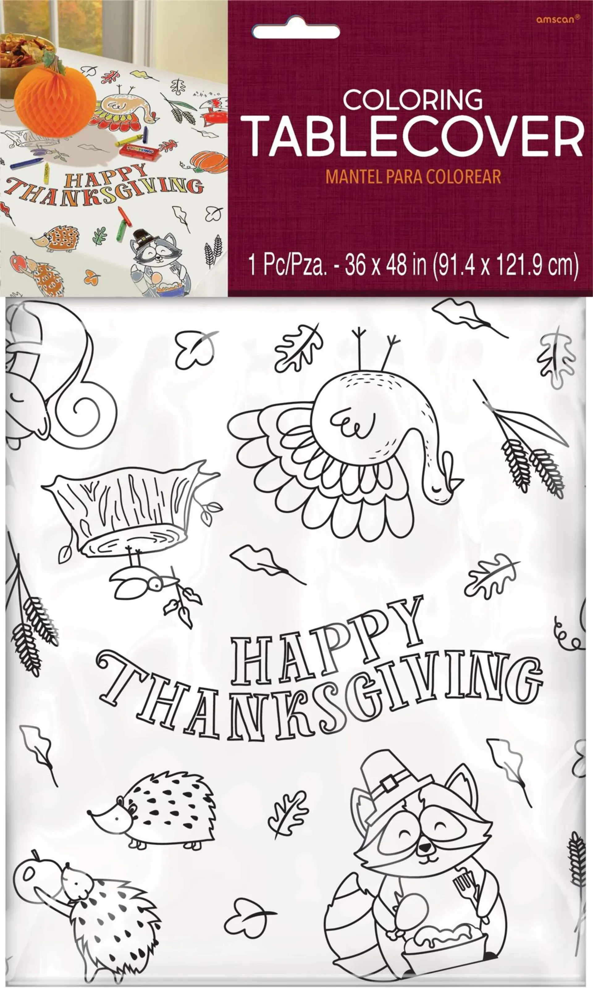 Turkey & Racoon Rectangle Customizable DIY Colouring Paper Table Cover, White, 48-in x 36-in, for Thanksgiving