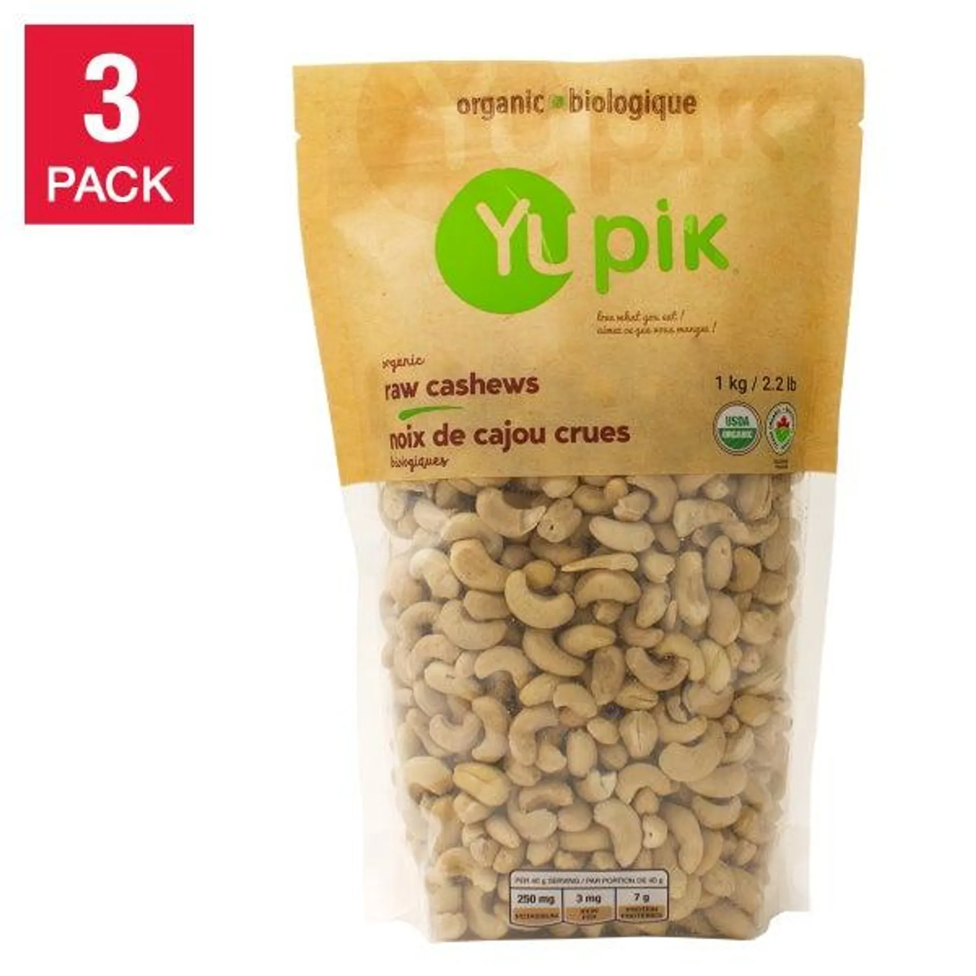 Yupik Organic Raw Cashews, 3 × 1 kg