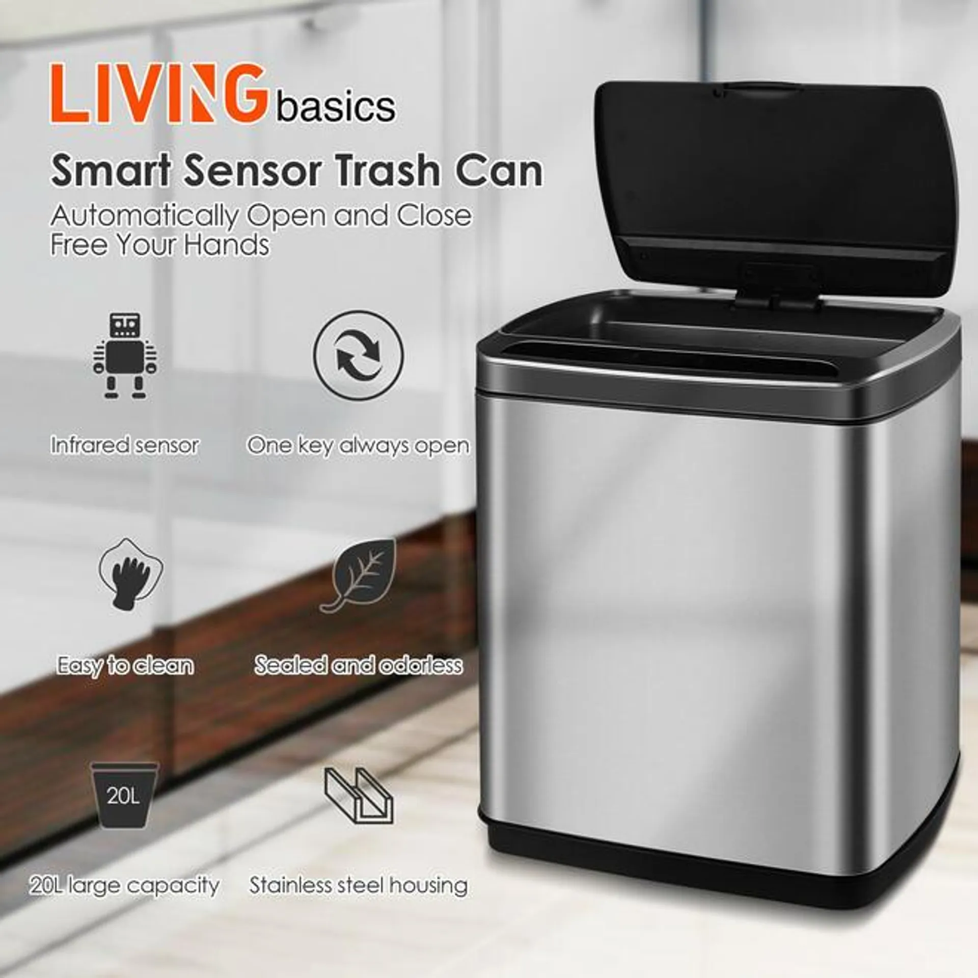 Smart Trash Can Automatic Garbage Bin Stainless Steel 20L - LIVINGbasics®