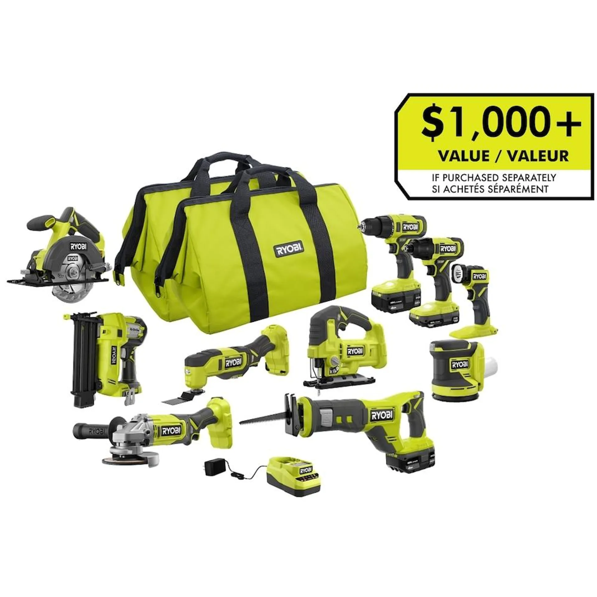 18V ONE+ Cordless Lithium-Ion 10-Tool Kit with (1) 1.5 Ah and (2) 4.0 Ah Batteries and Charger