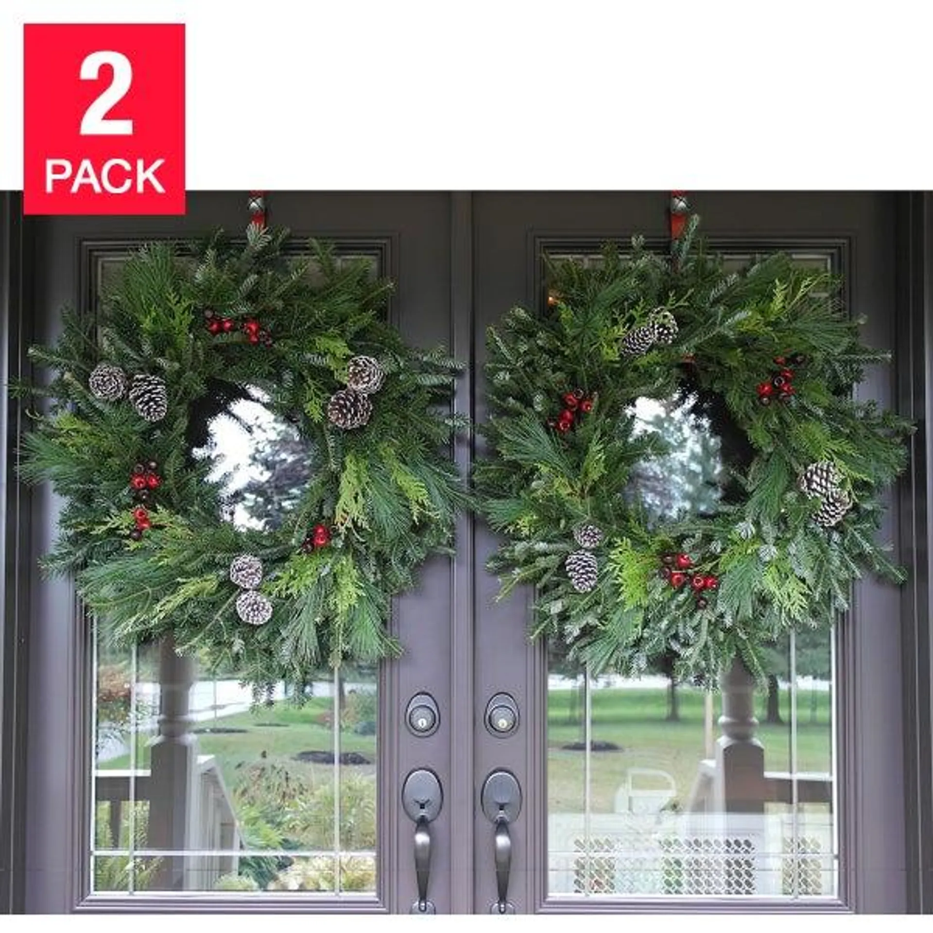 71 cm (28 in.) Fresh Mixed-Evergreen Holiday Wreath Set, 2-pack