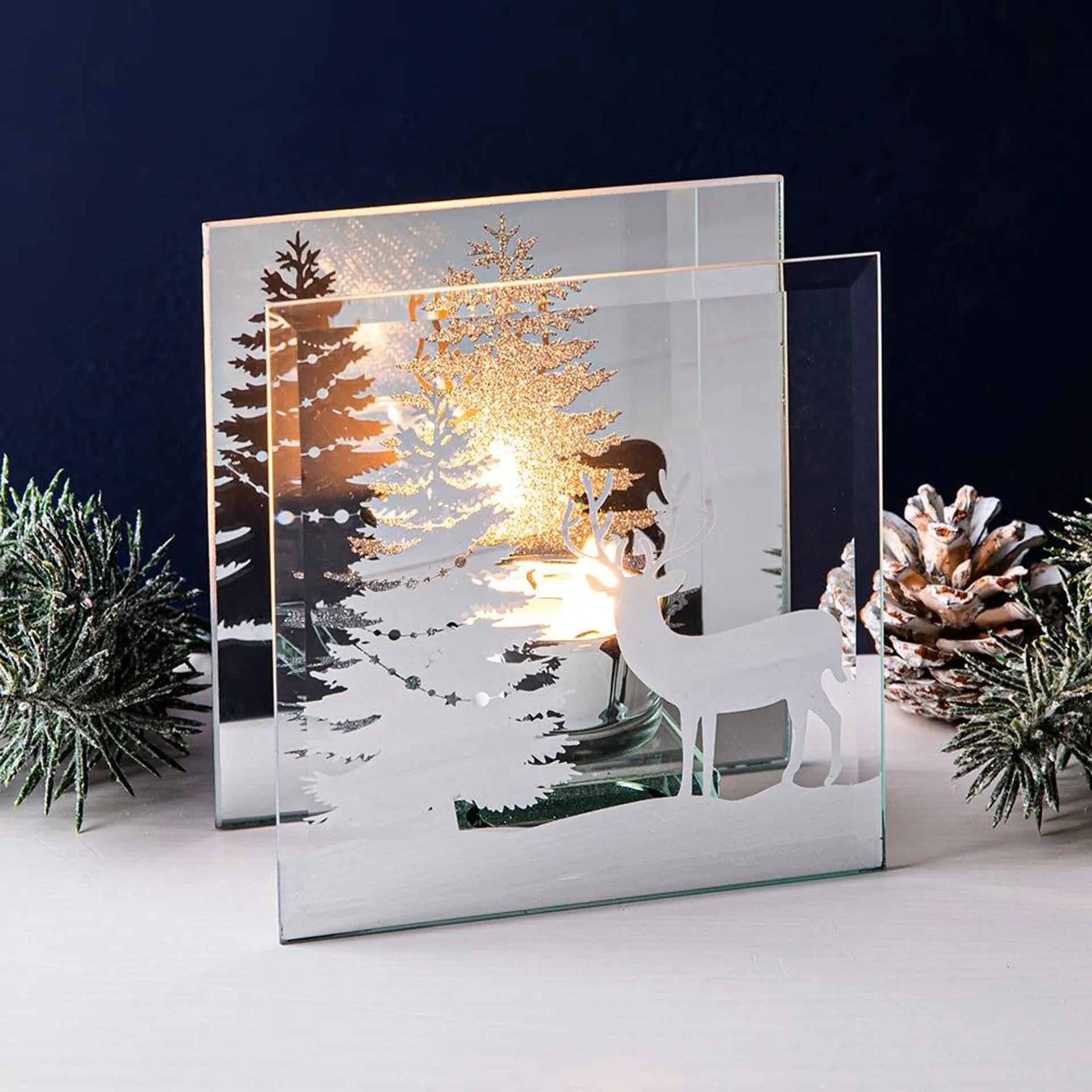 KSP Christmas Mirror 'Winter Forest' Glass Tealight Holder 1-Light