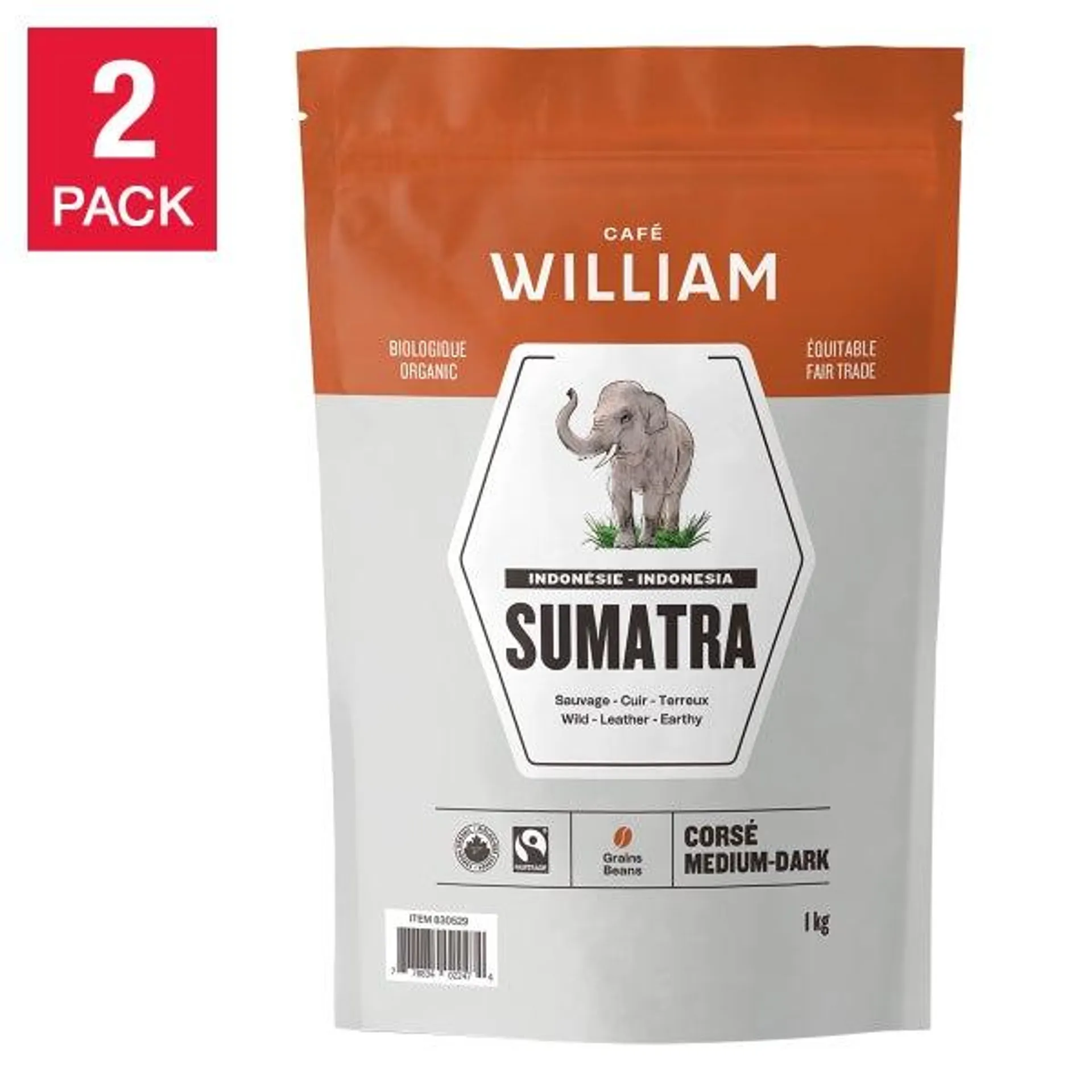 William Spartivento Sumatra Medium-Dark Roast Fair Trade and Organic Whole Bean Coffee, 2 x 1 kg