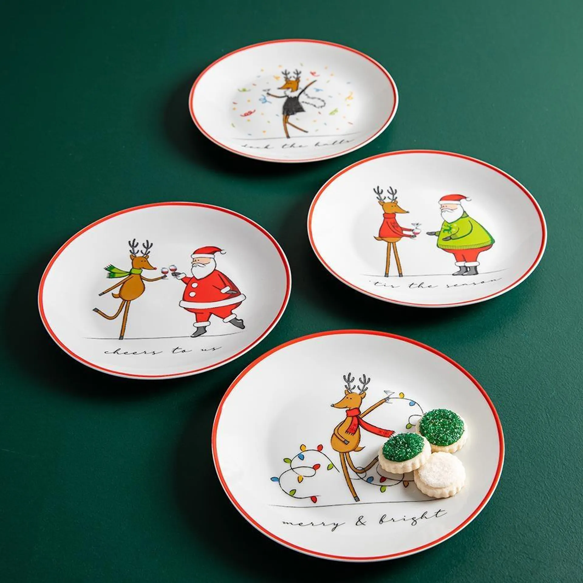 KSP Christmas Decal 'Merry Reindeer' Porcelain Side Plate - Set of 4