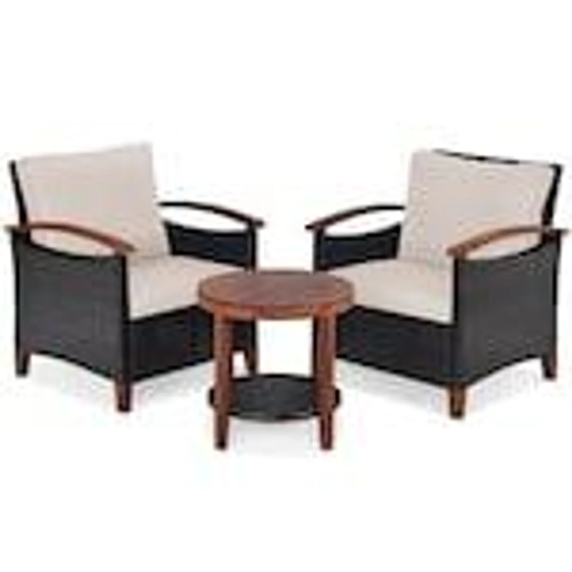 3PCS Patio Rattan Furniture Set Wooden Frame Cushion Table Shelf Beige