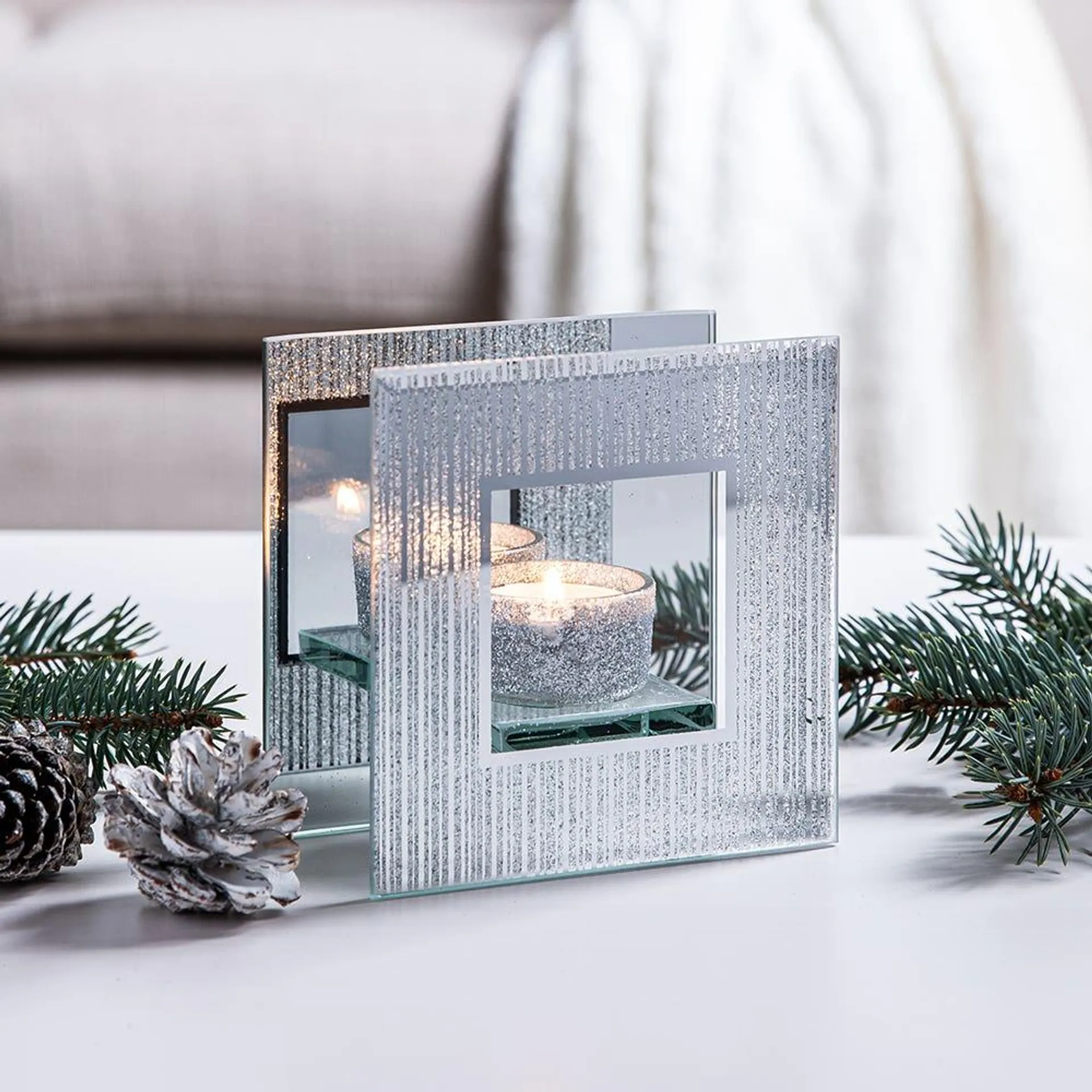 KSP Christmas Mirror 'Glitter' Glass Tealight Holder 1-Light (Silver)