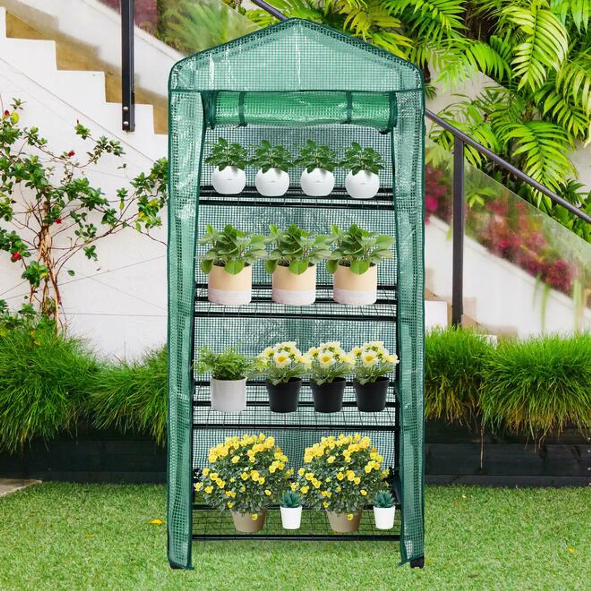 4 Tier Shelves Indoor/Outdoor Greenhouse with PE Cover & Wheels, 28 x 19 x 65in - Yardlab™