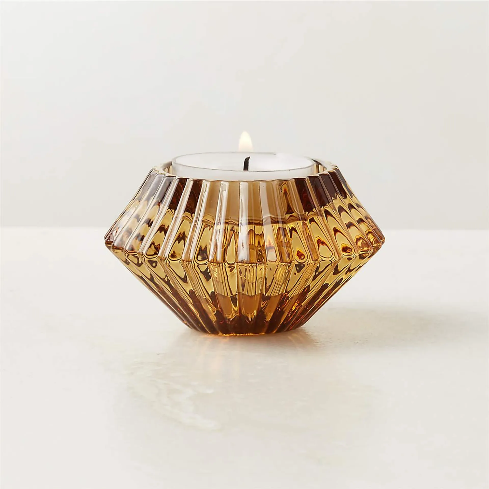 Nova Ribbed Amber Glass Reversible Candle Holder