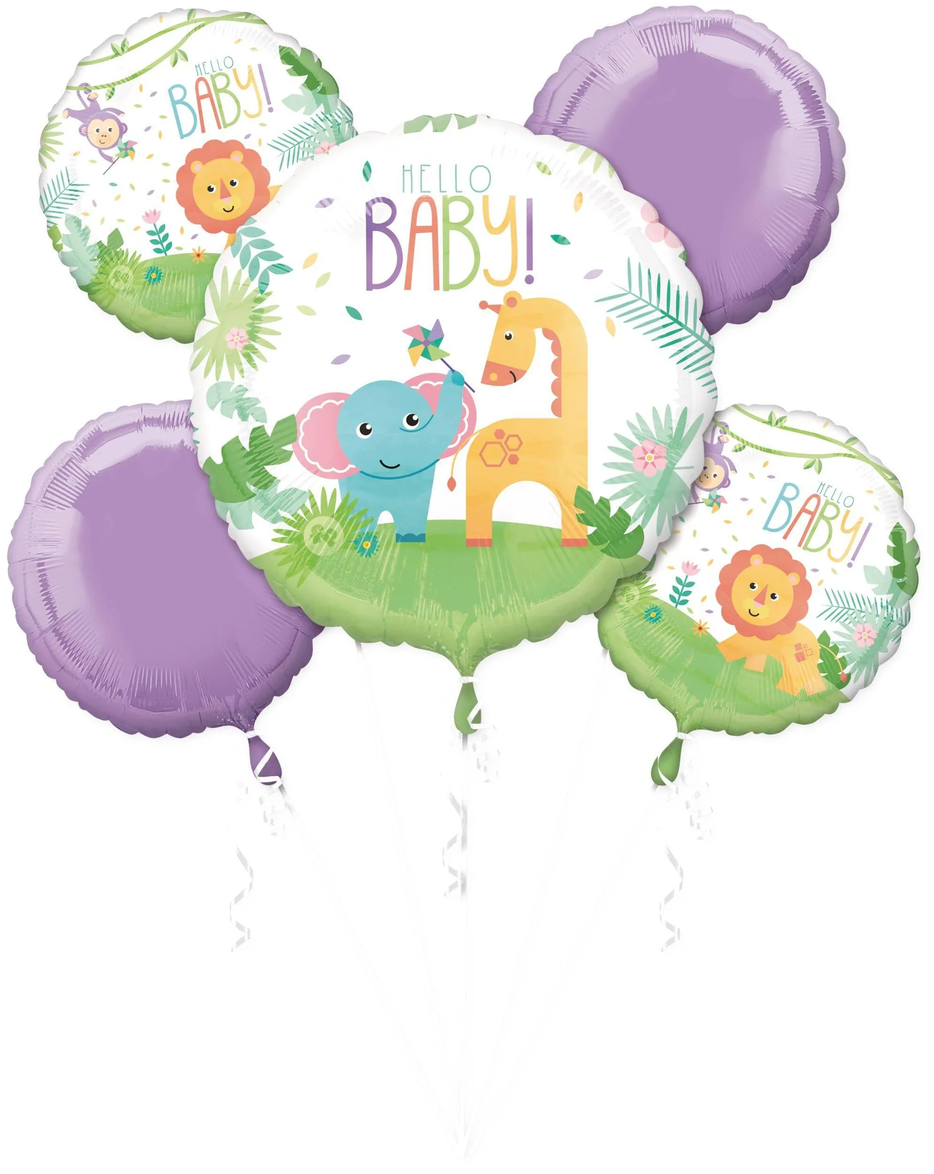 Jungle Baby "Hello Baby" Round Satin Foil Balloon Bouquet, Purple/Green, 5-pk, Helium Inflation & Ribbon Included for Baby Shower