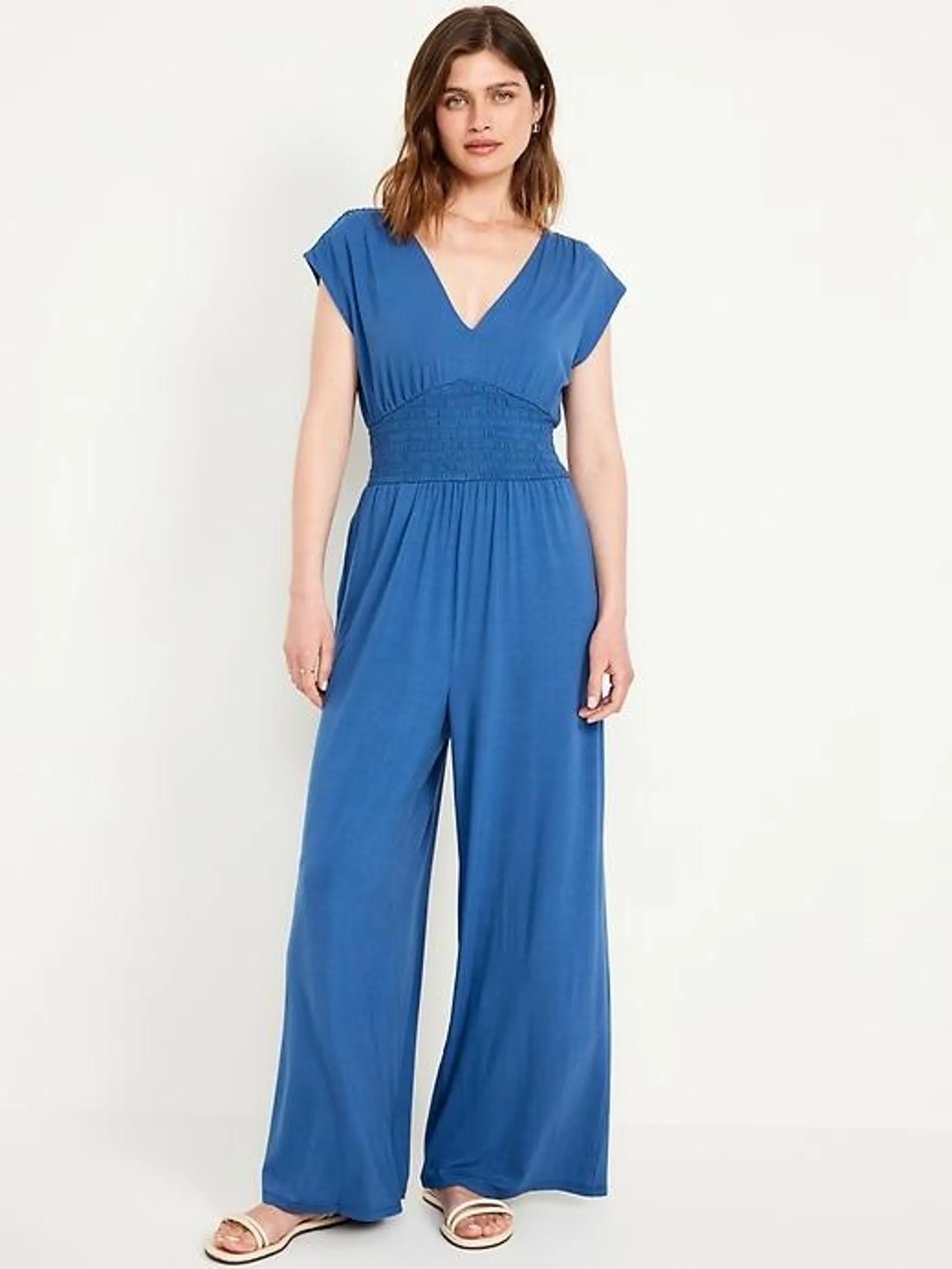 Waist-Defined Shirred Jumpsuit