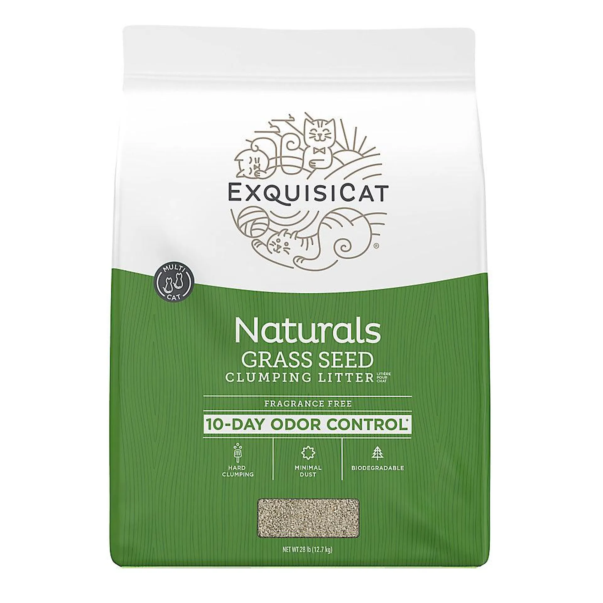 ExquisiCat Naturals Clumping Multi-Cat Grass Seed Cat Litter - Unscented, Low Dust, Natural