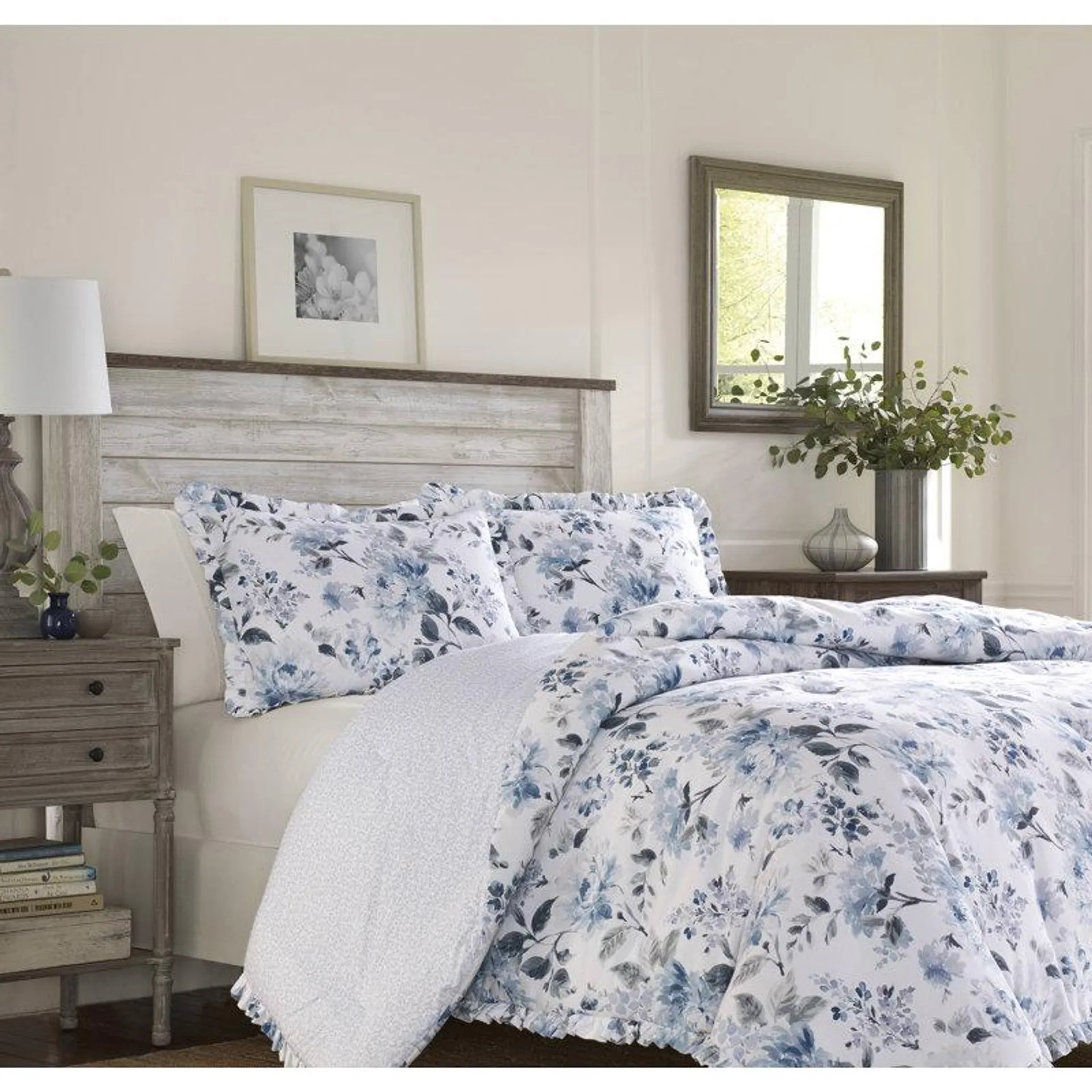 Chloe Blue/White Watercolor Floral 100% Cotton Pique Weave Reversible Comforter Set