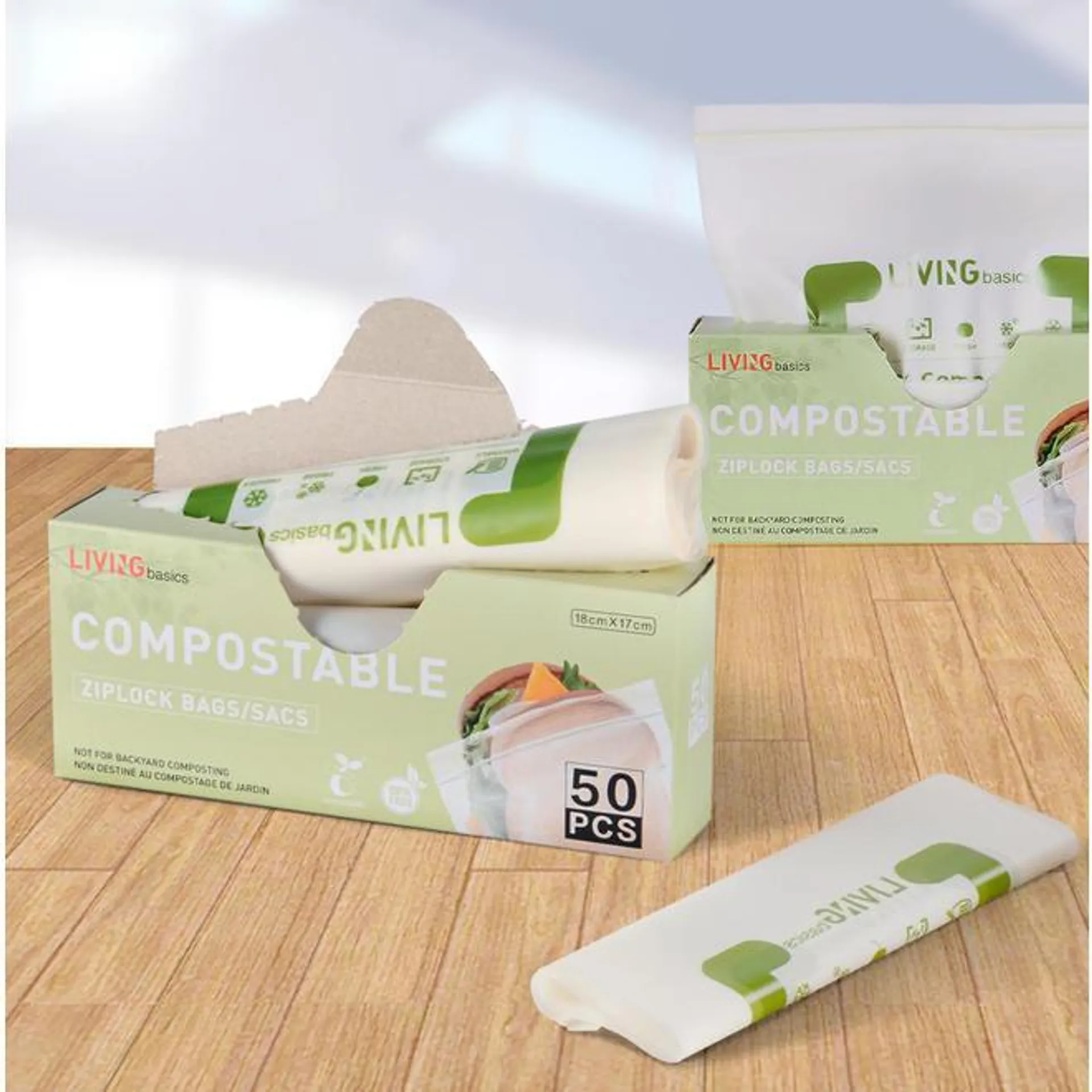 100% Compostable Ziplock Freezer Bags Reusable Food Storage Bags, 50 Count - LIVINGbasics®