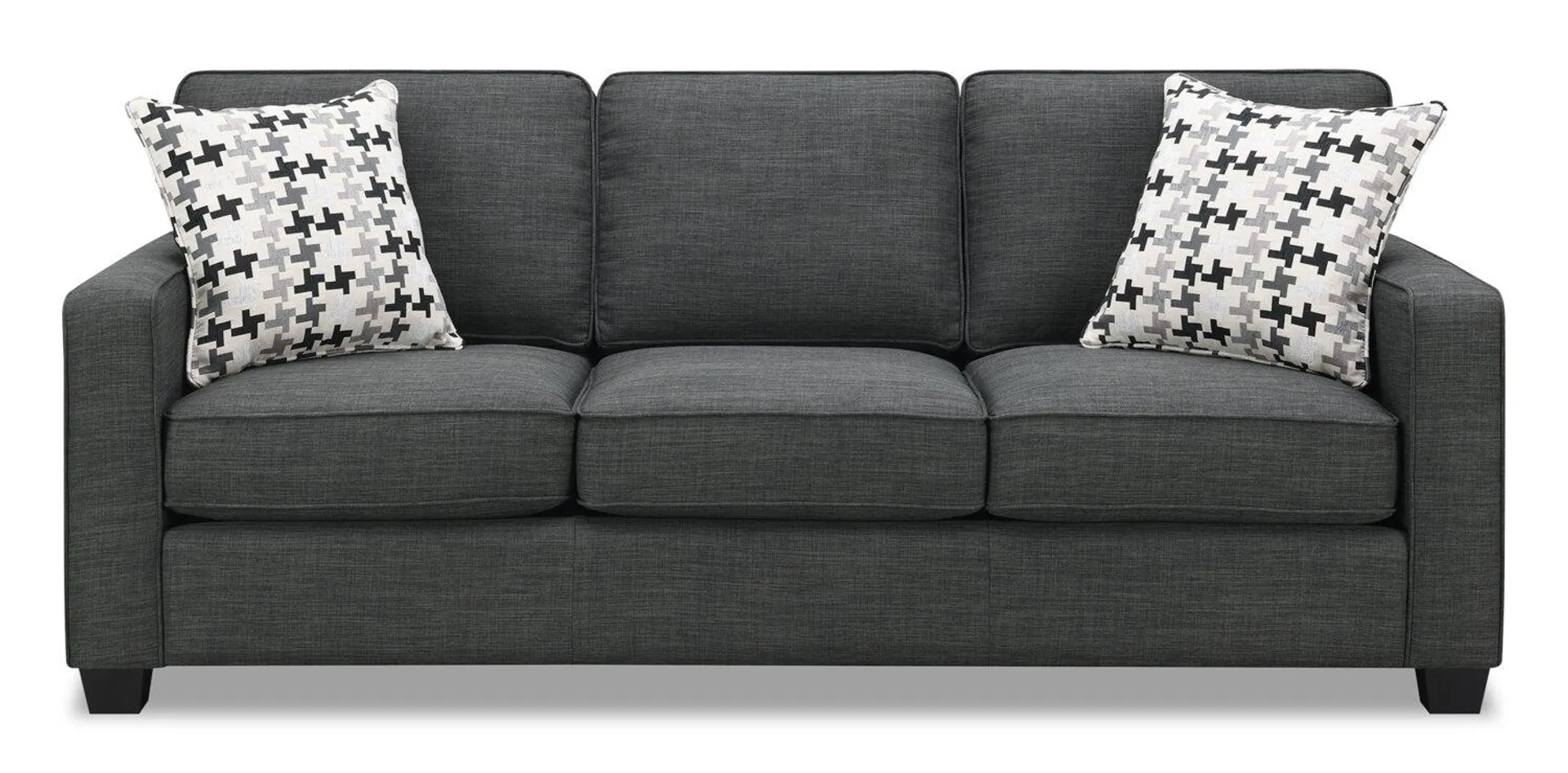 Canadian Made Sawyer 83" Charcoal Grey Linen-Look Fabric Sofa with Two Accent Pillows