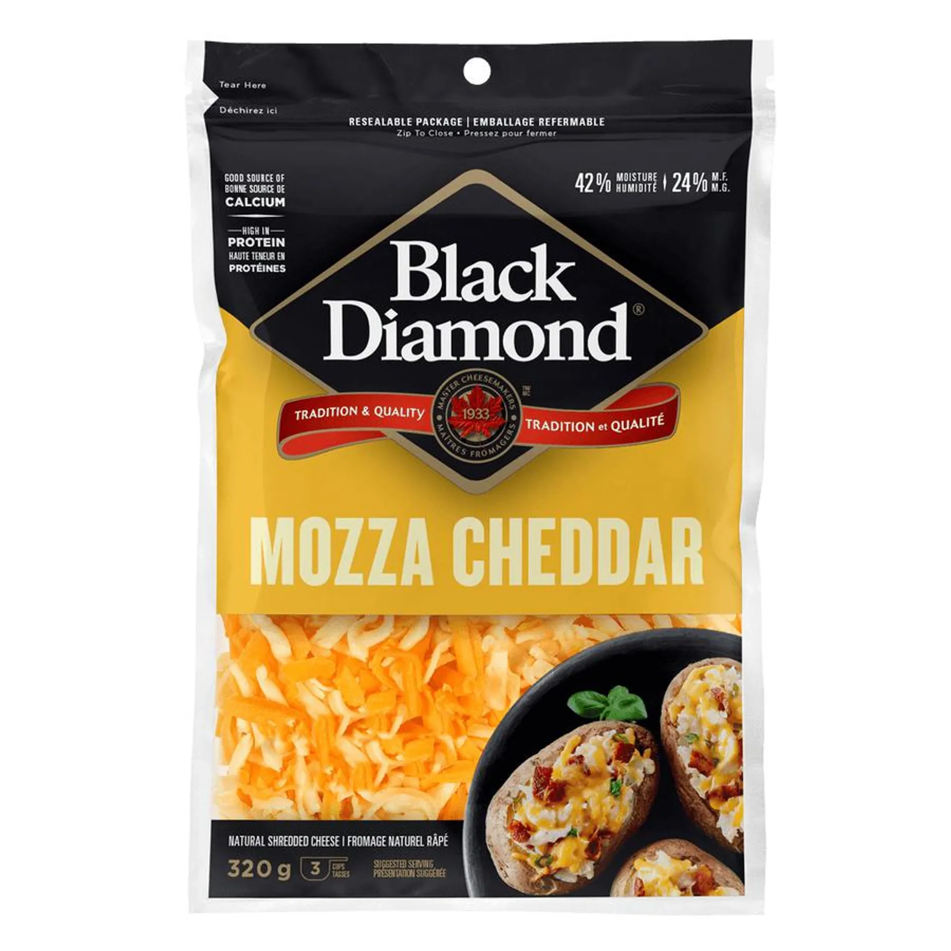 Black Diamond Shredded Cheese, Mozza Cheddar 320g