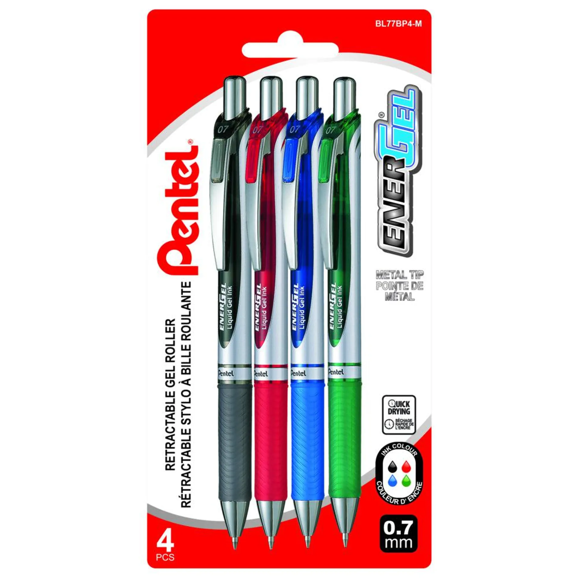 Pentel EnerGel Liquid Gel Pens, Retractable, 0.7mm, Assorted, 4 Pack