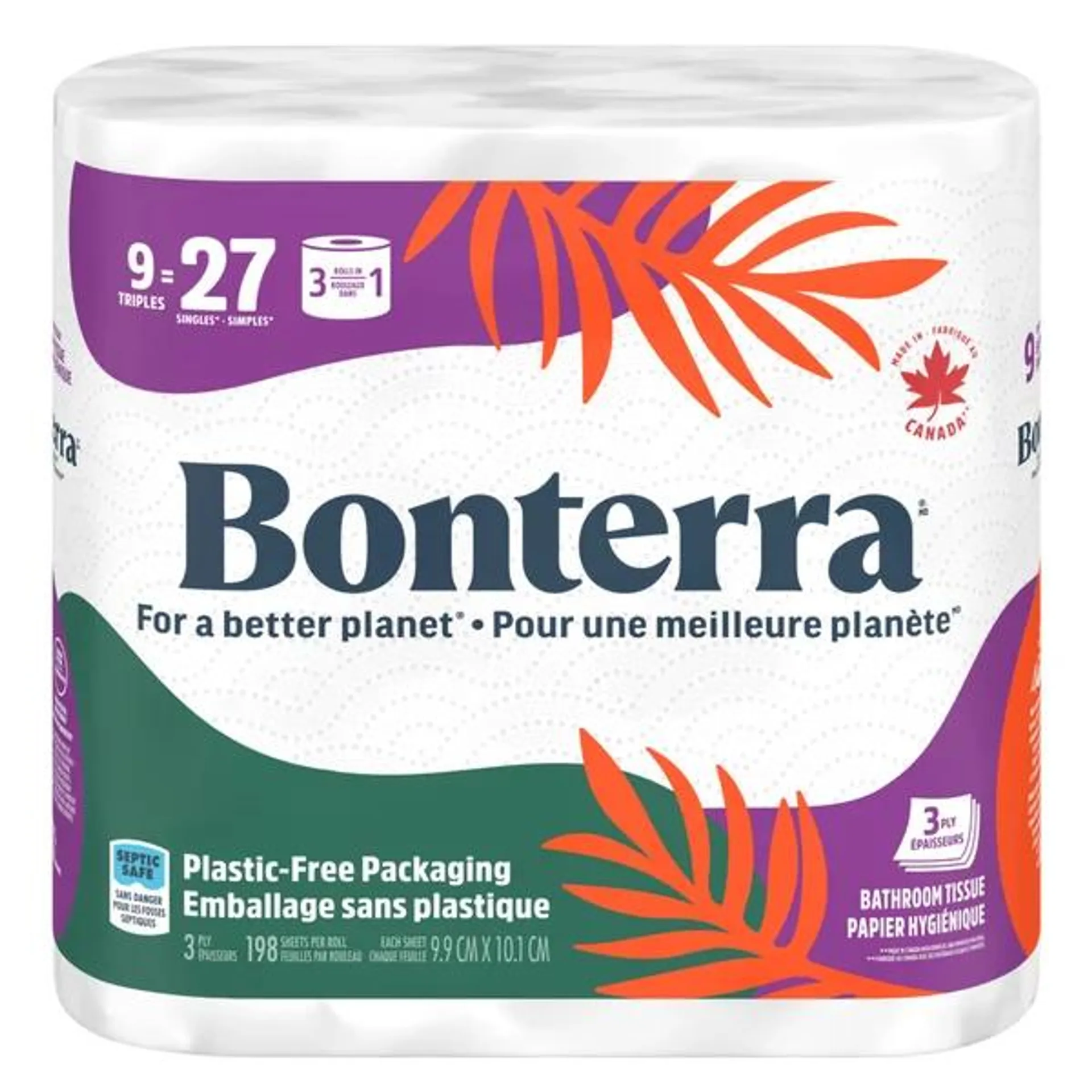 Bonterra Bathroom Tissue 3 ply, 45 Rolls x 198 Sheets