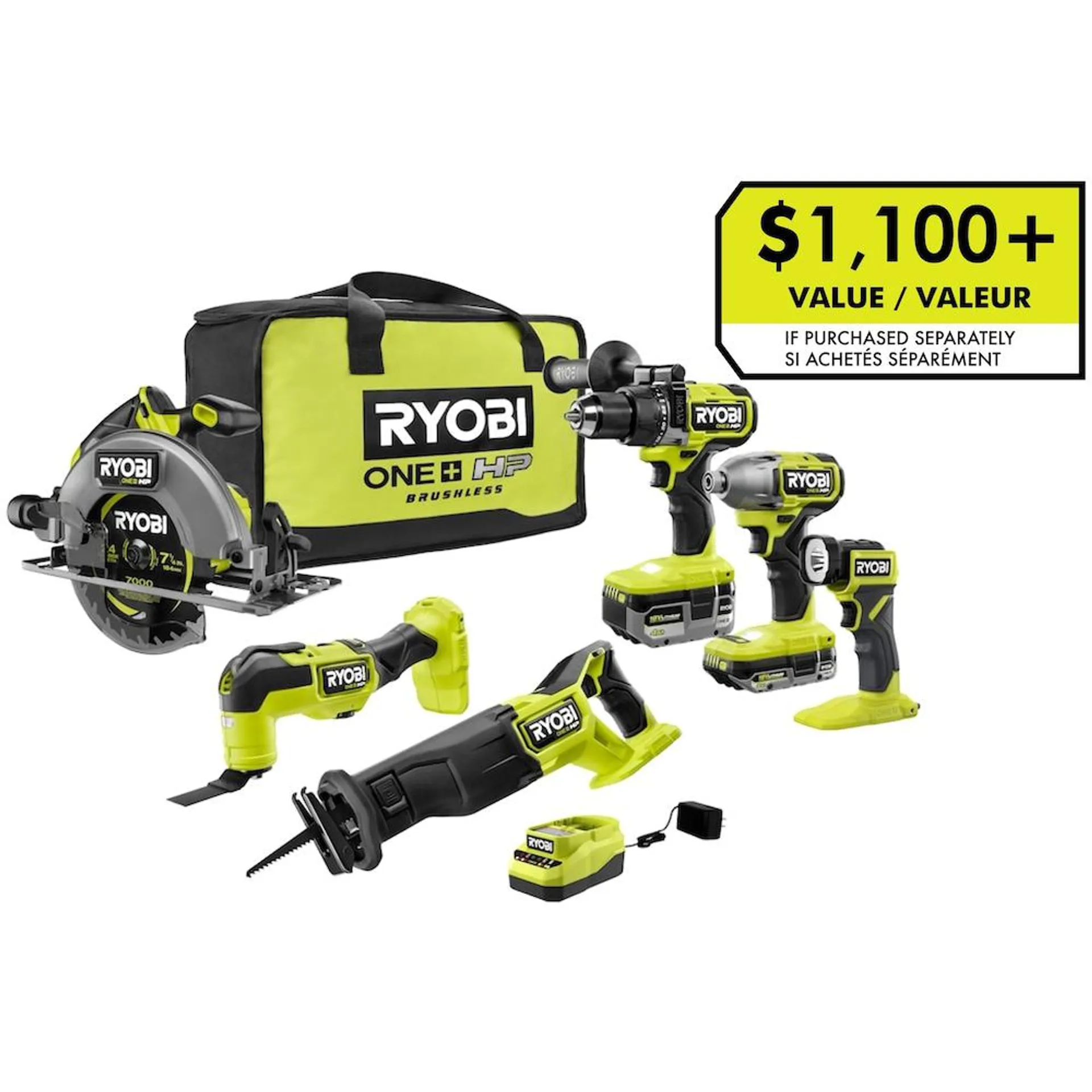 18V ONE+ HP Brushless Cordless 6-Tool Kit with (1) 2.0 Ah and (1) 4.0 Ah HP Batteries and Charger