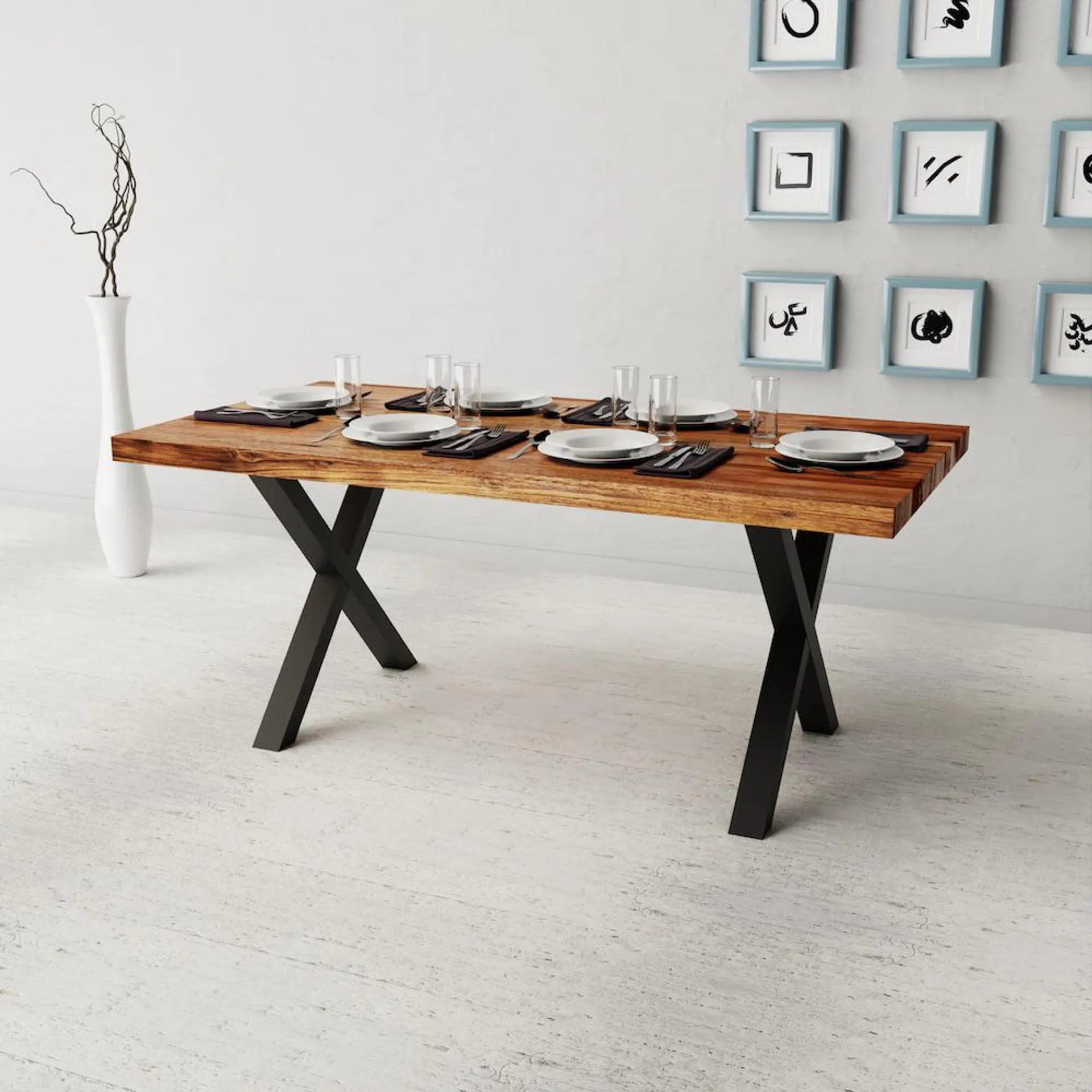 70'' ACACIA TABLE WITH BLACK X LEGS