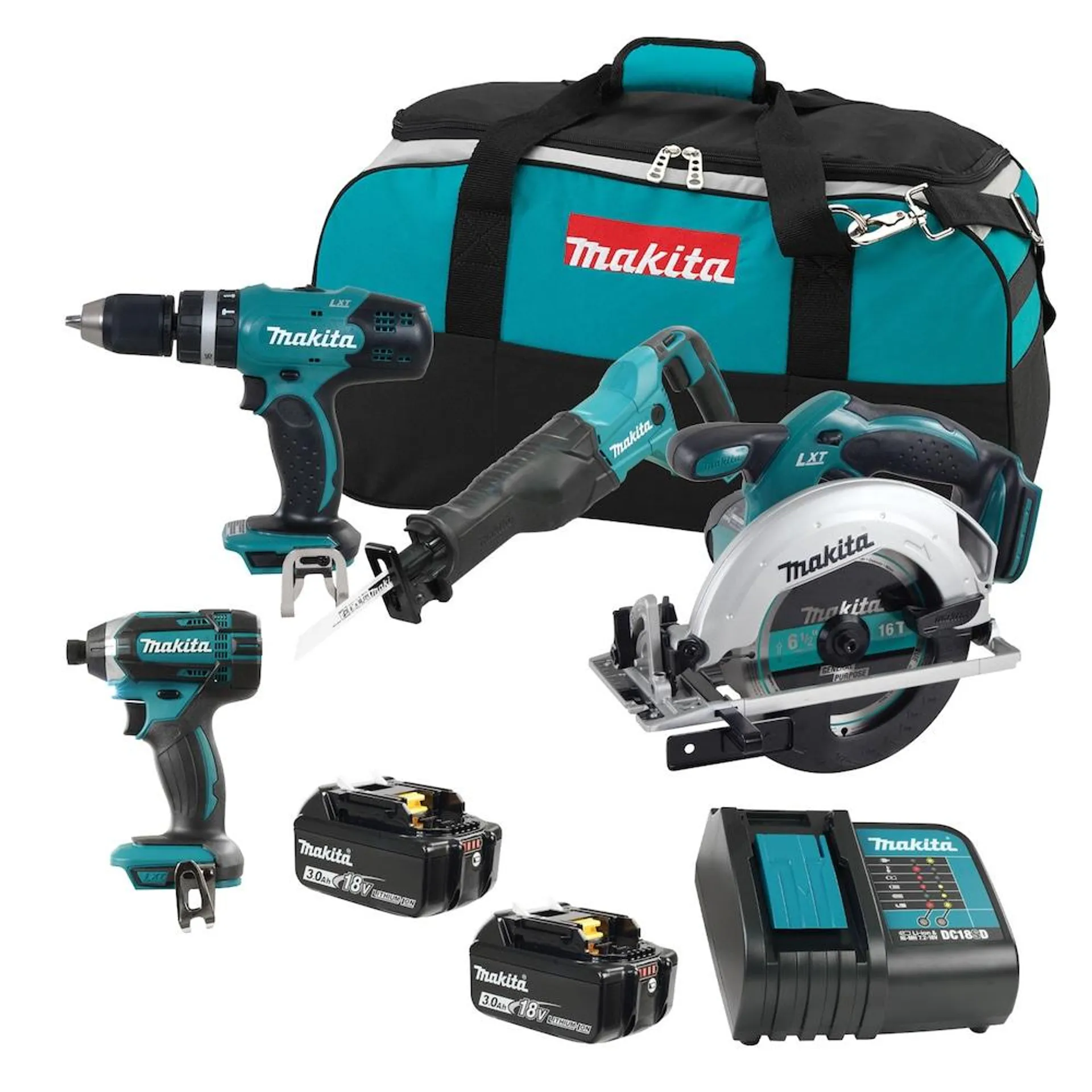 18V LXT Lithium-Ion Cordless 4-Tool Combo Kit w/2 Batteries (3.0Ah), Charger & Bag