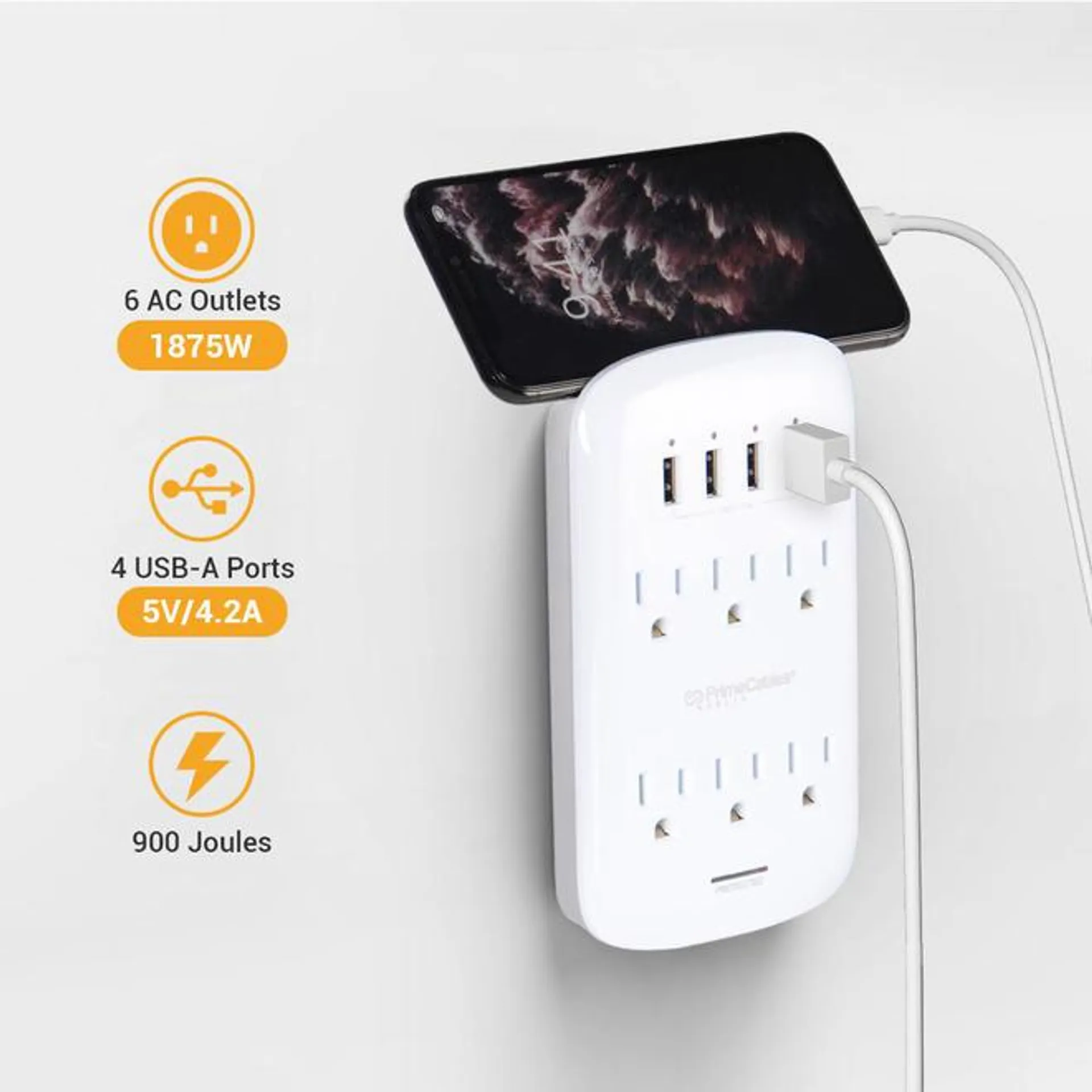 PrimeCables® 6-Outlet Wall Surge Protector - 4 USB Ports, 900 Joules