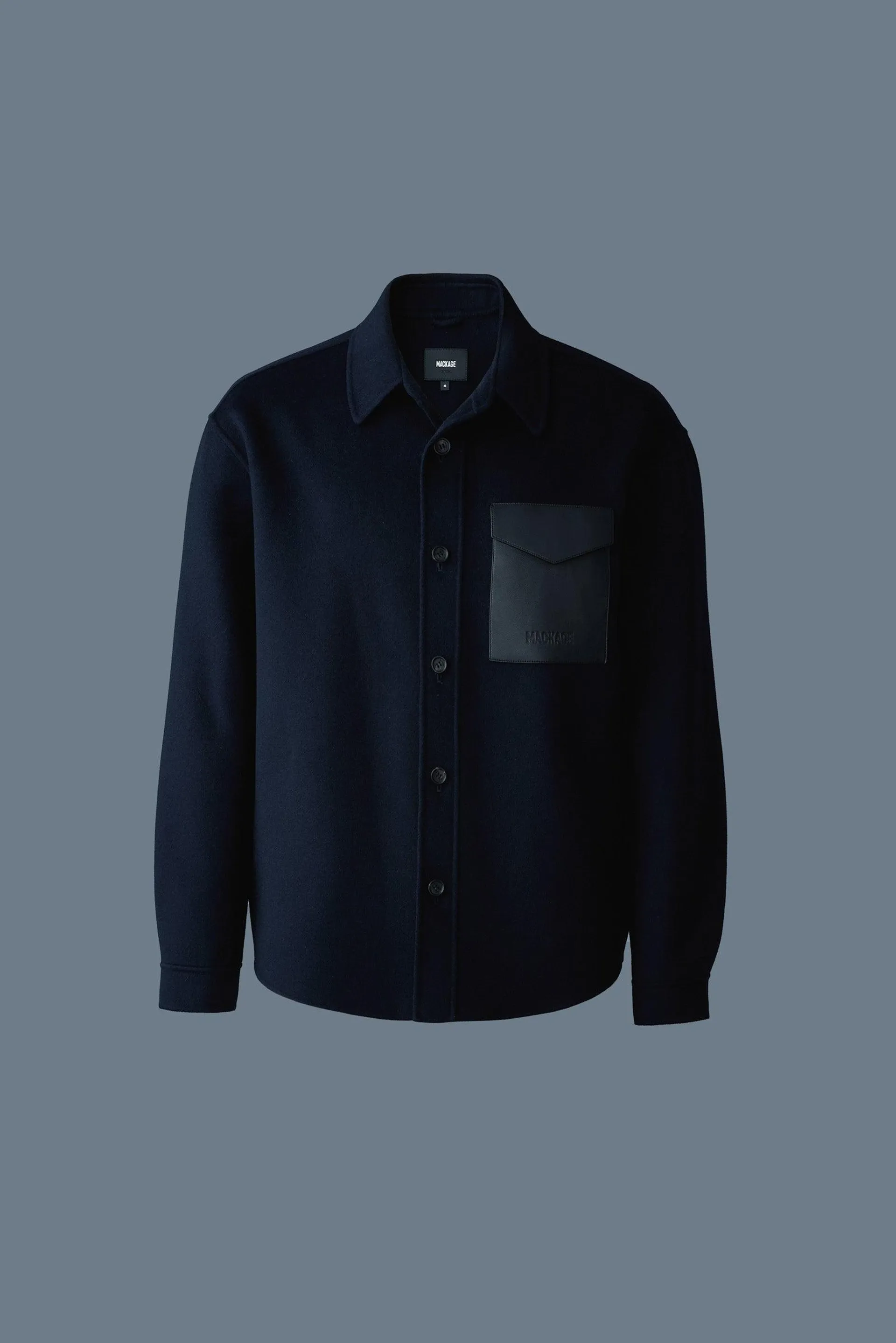 EMMANUEL Double-face wool overshirt with leather patch pocket